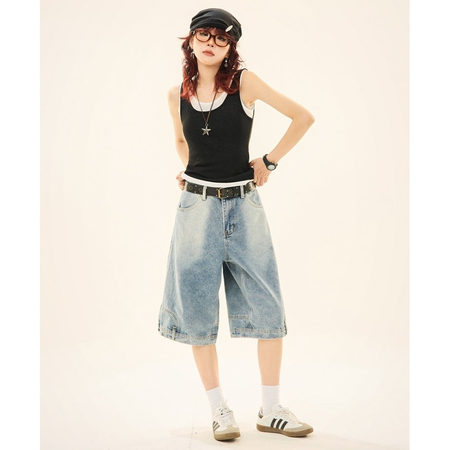 Wash Reverse Design Denim Loose Cropped Pants MW9264