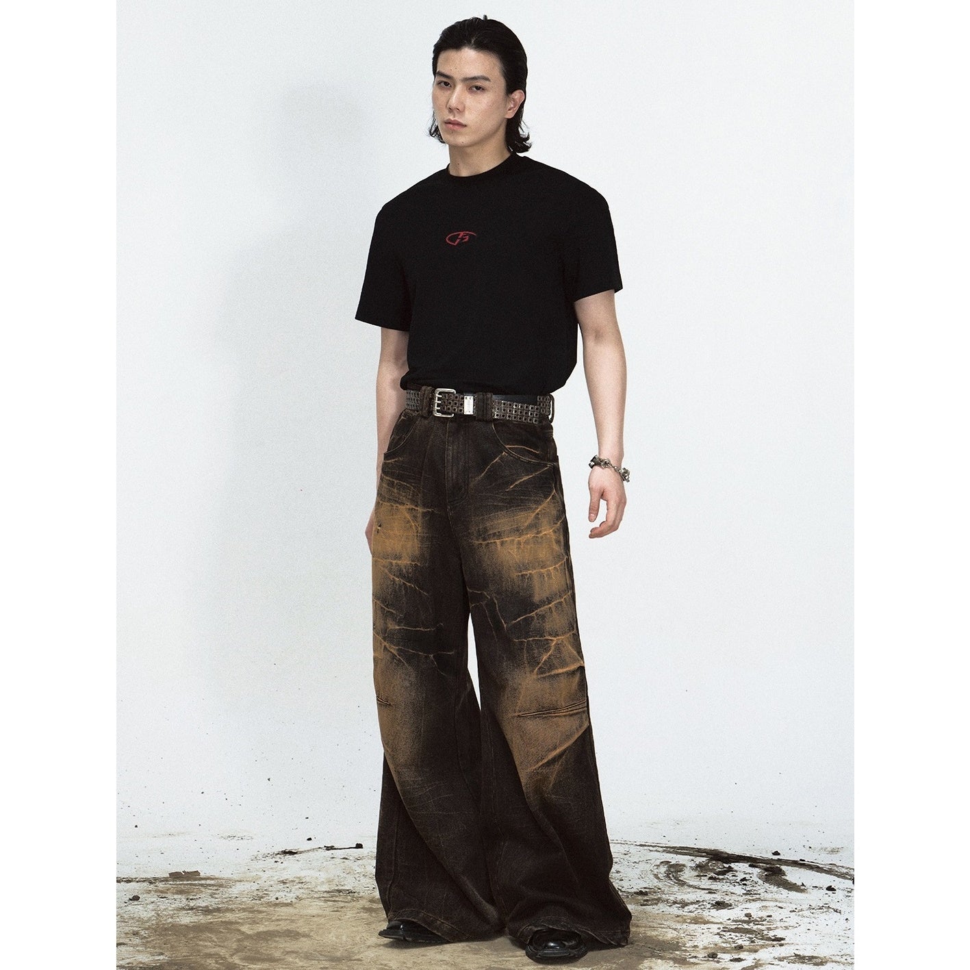 Yellow Mud Dyed Lightning Crack Wide-leg Jeans PS7009