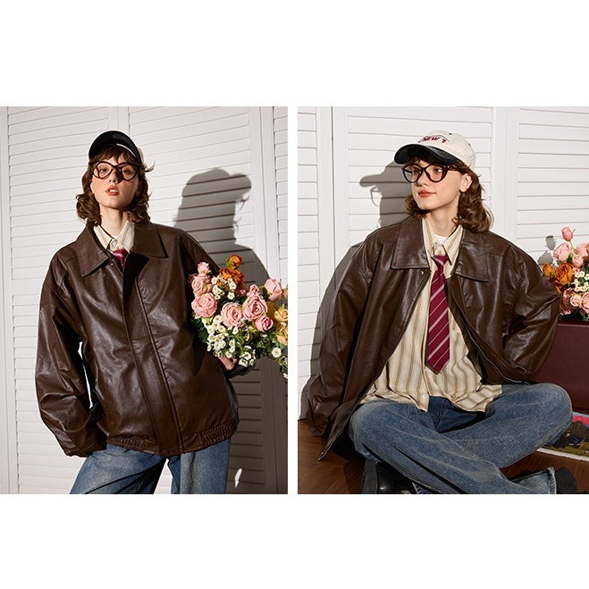 Simple PU Leather Loose Jacket MW9484