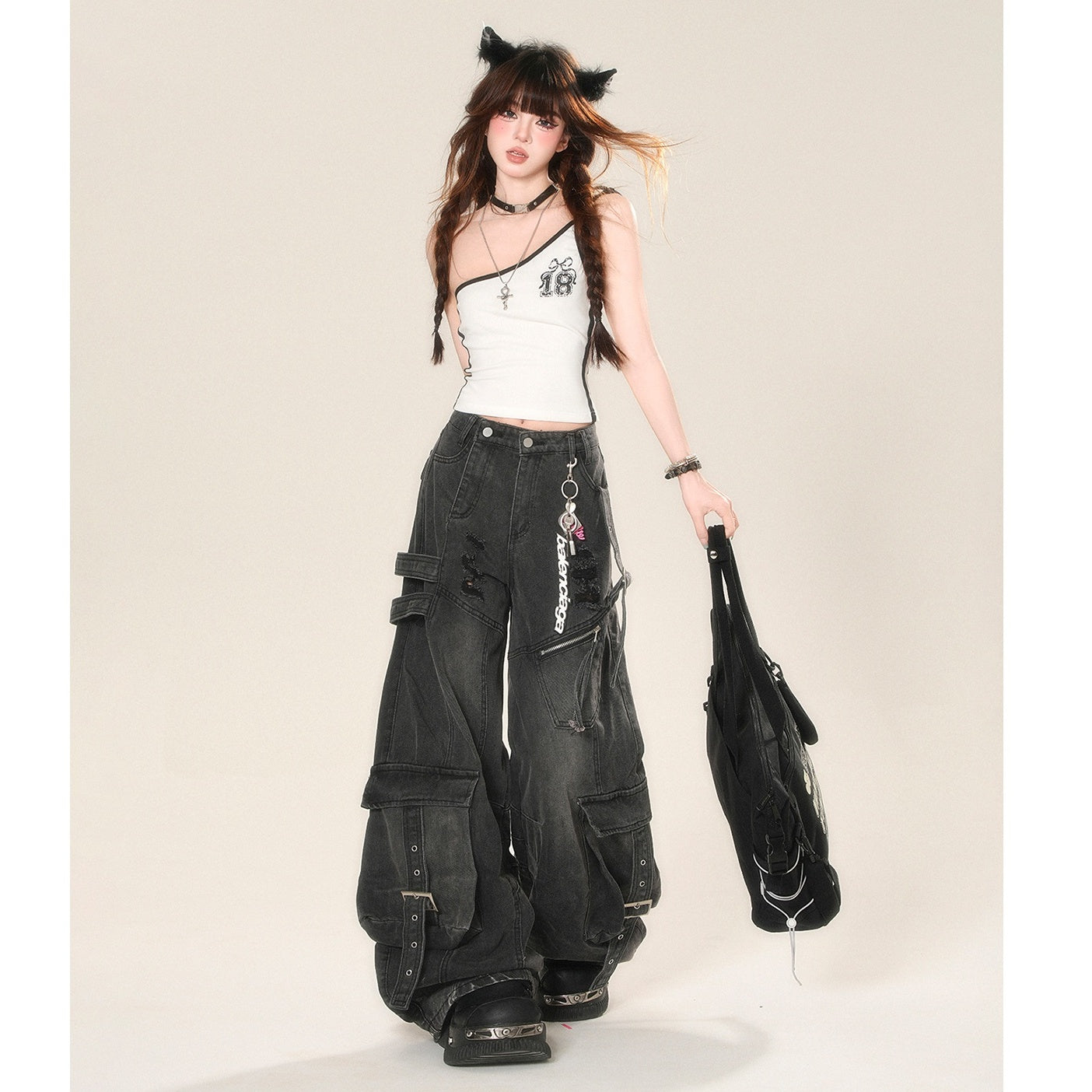 Ripped Wide Buggy Cargo Jeans KK2056