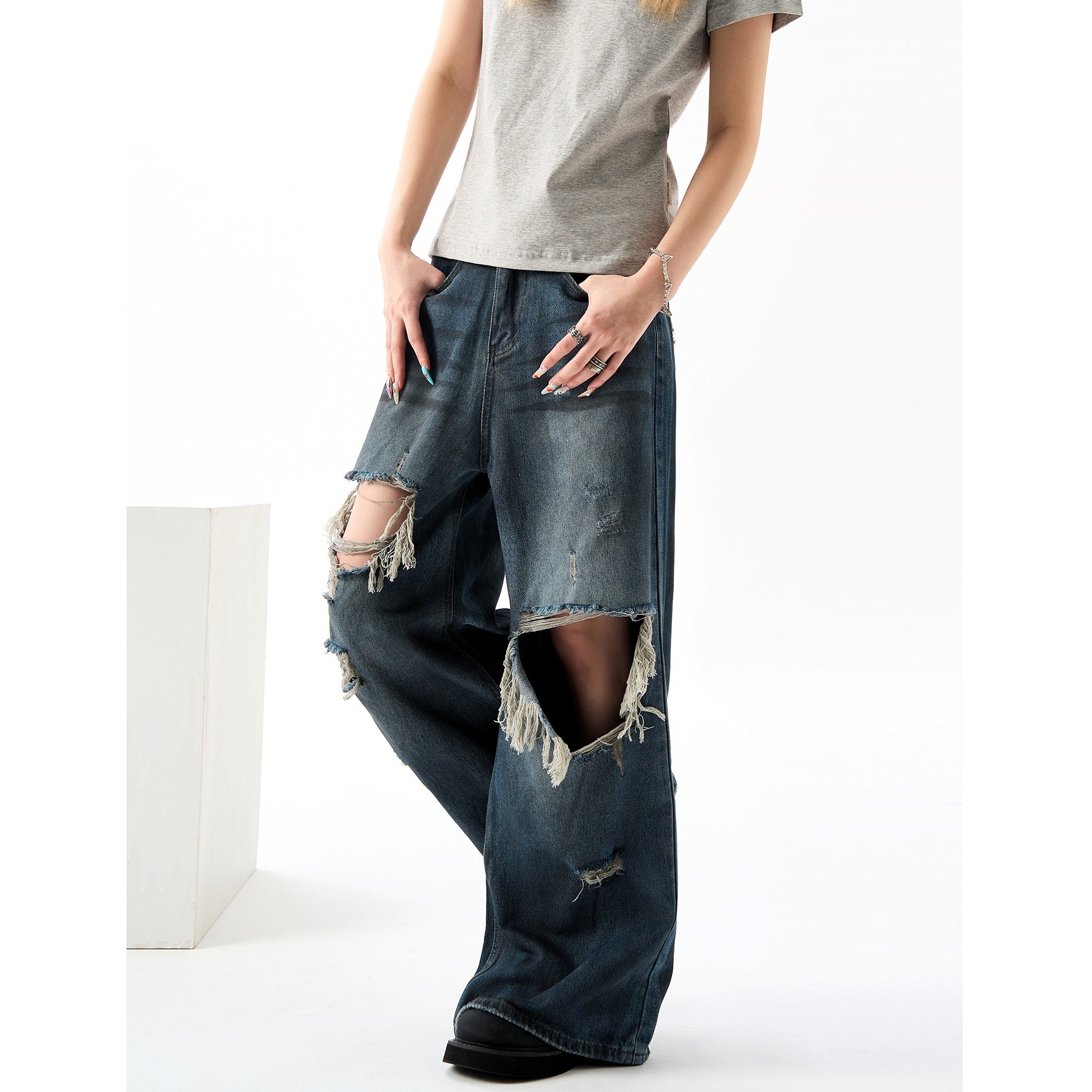 Ripped Street Loose Mop Wide-leg Vintage Jeans HG7171