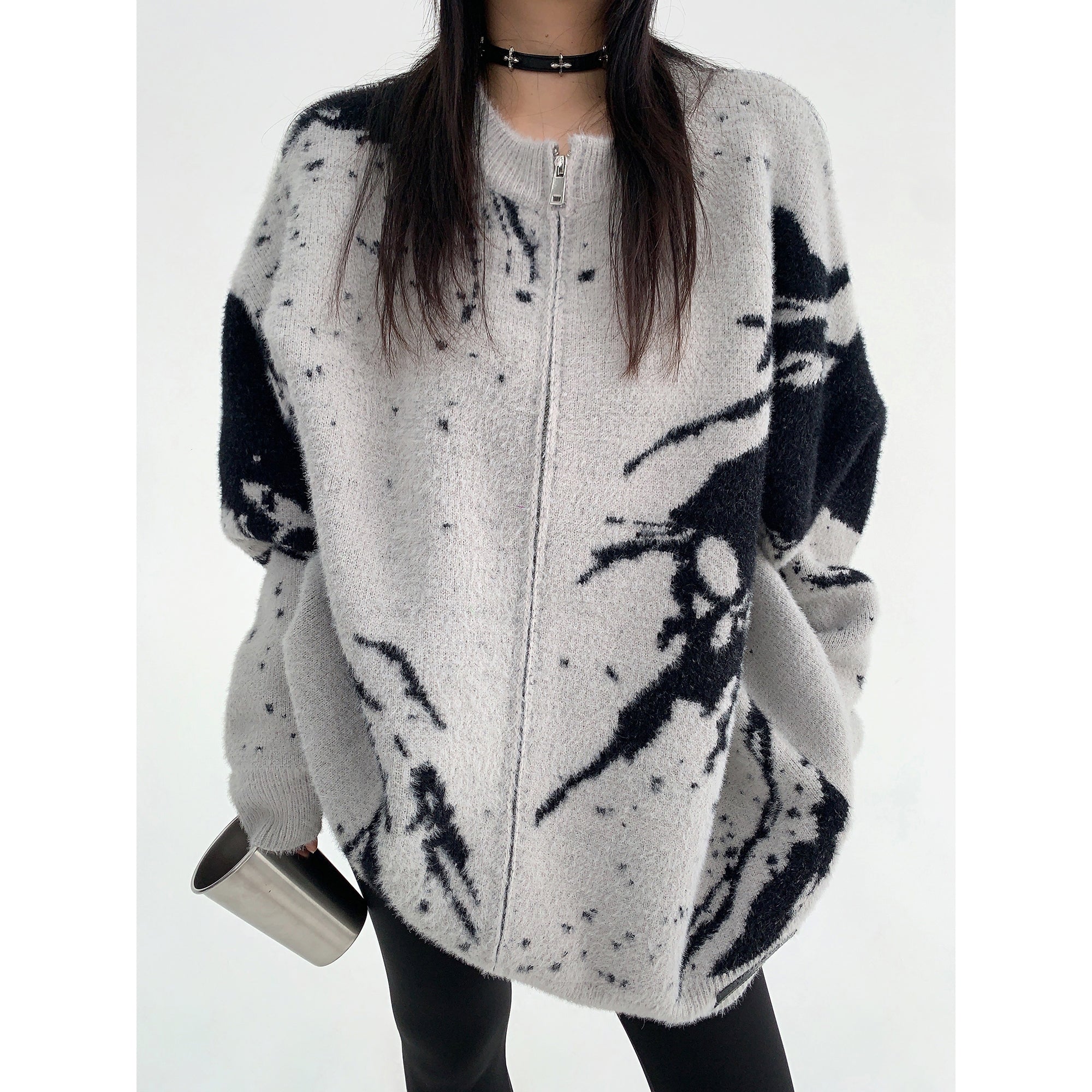 Round Neck Marble Design Loose Knitted Jacket MW9509