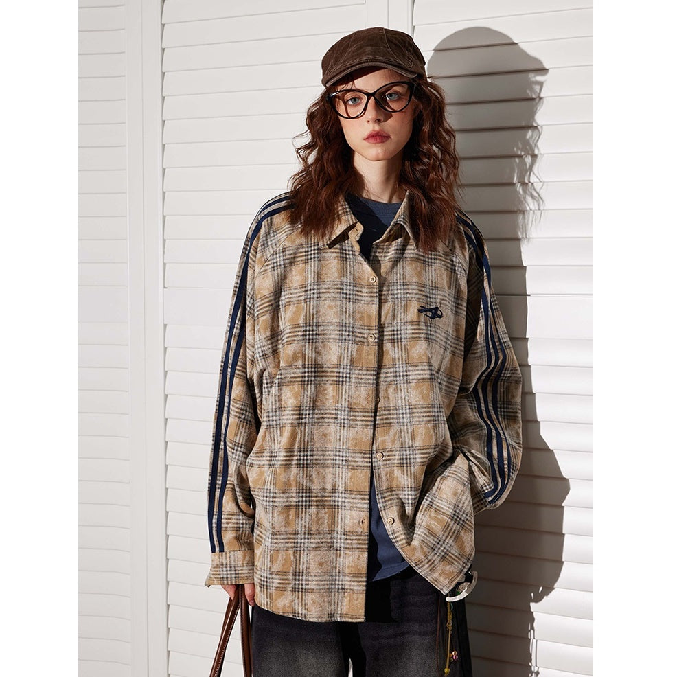 Contrast Stripe Panel Plaid Long-sleeved Shirt BT7019