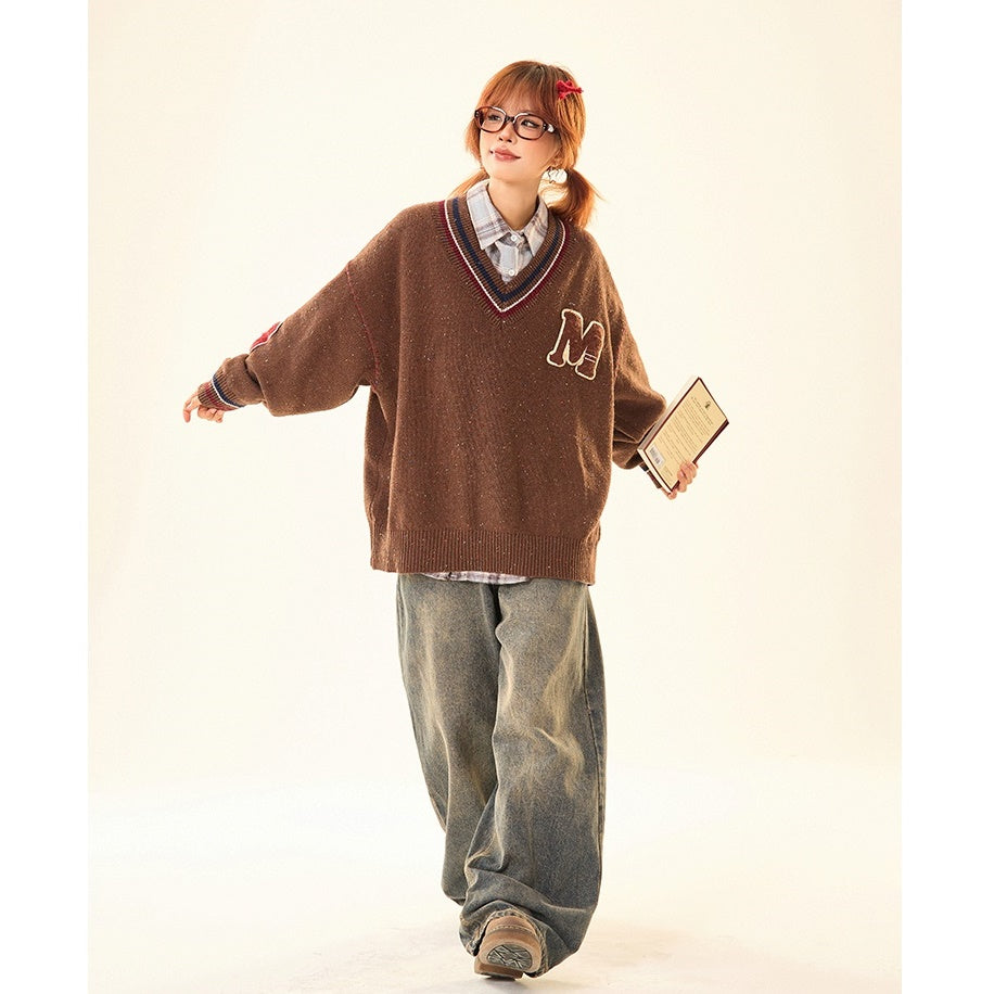 College Style Loose V-neck Sweater MW9530