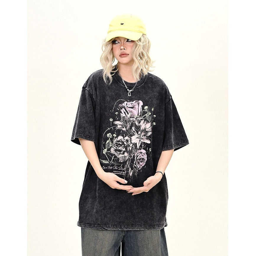 Skull Rose Print Wash Loose T-shirt MW9951