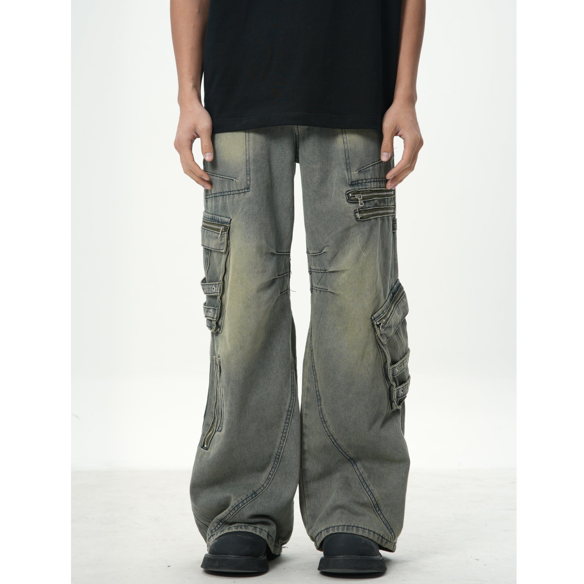 loose wash distressed denim zipper cargo pants JN7004
