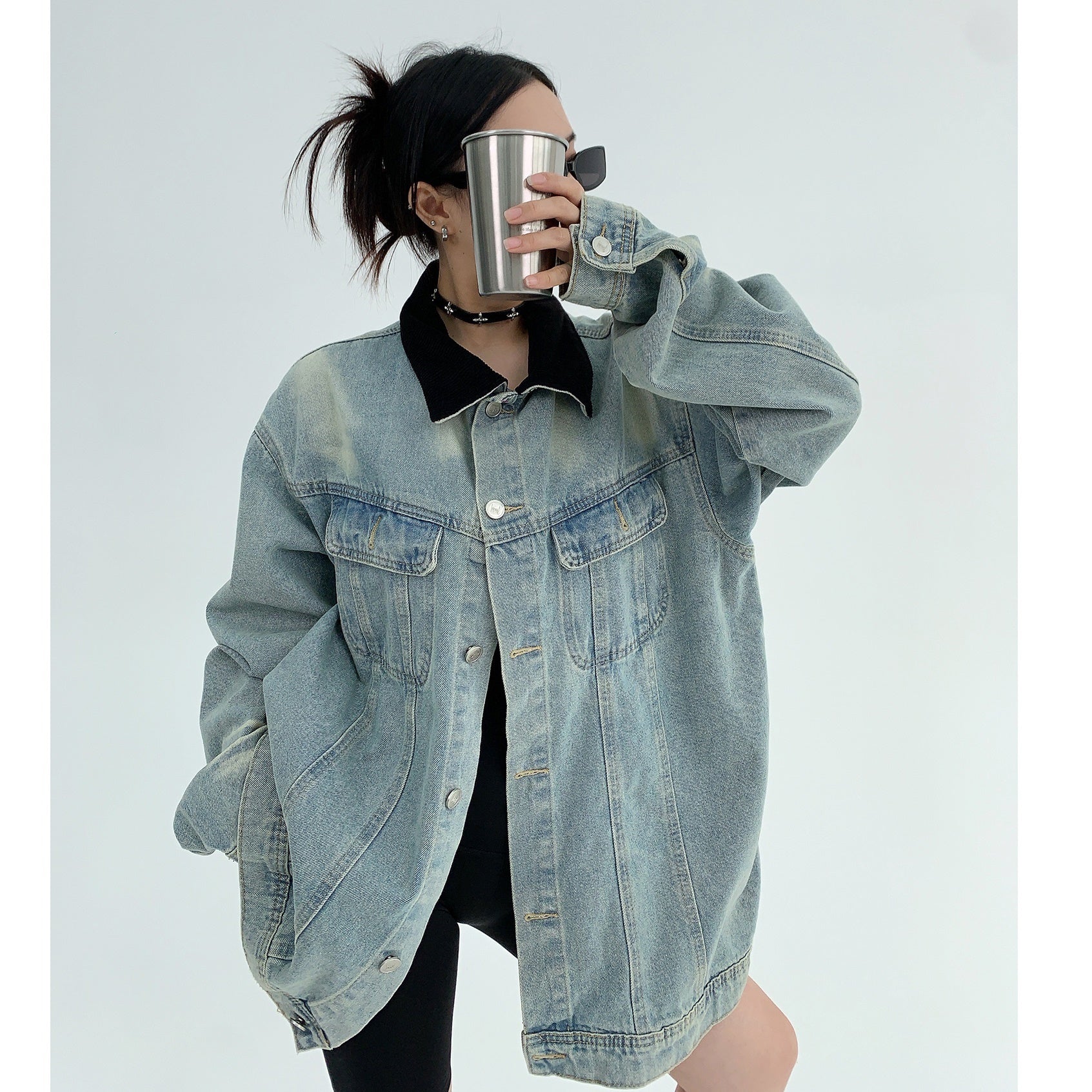 Corduroy Stitched Embroidered Loose Denim Jacket MW9355