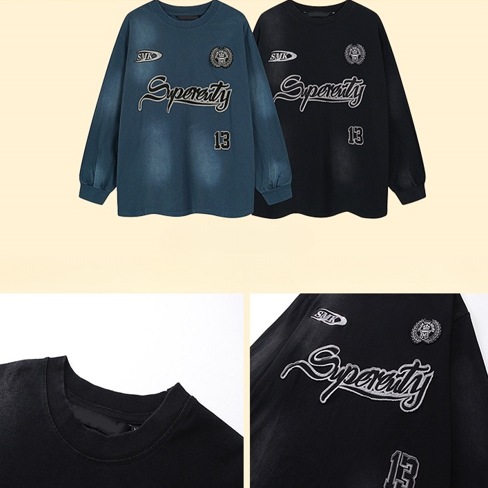 Street Distressed Wash Letter Embroidery Long Sleeve T-Shirt MW9399