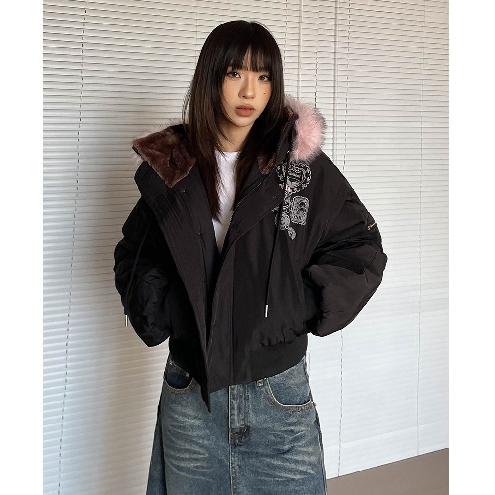 Hooded Volume Fur Collar Cropped Padded Jacket MW9770