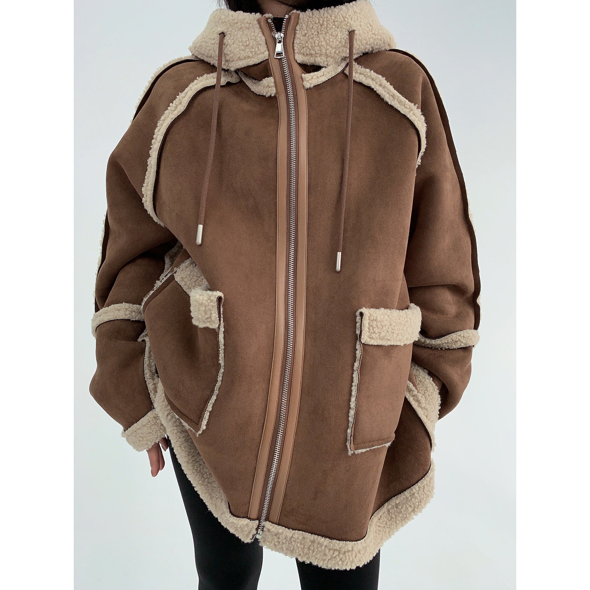 Three-dimensional Cutting Fake Mouton Hooded Coat MW9645