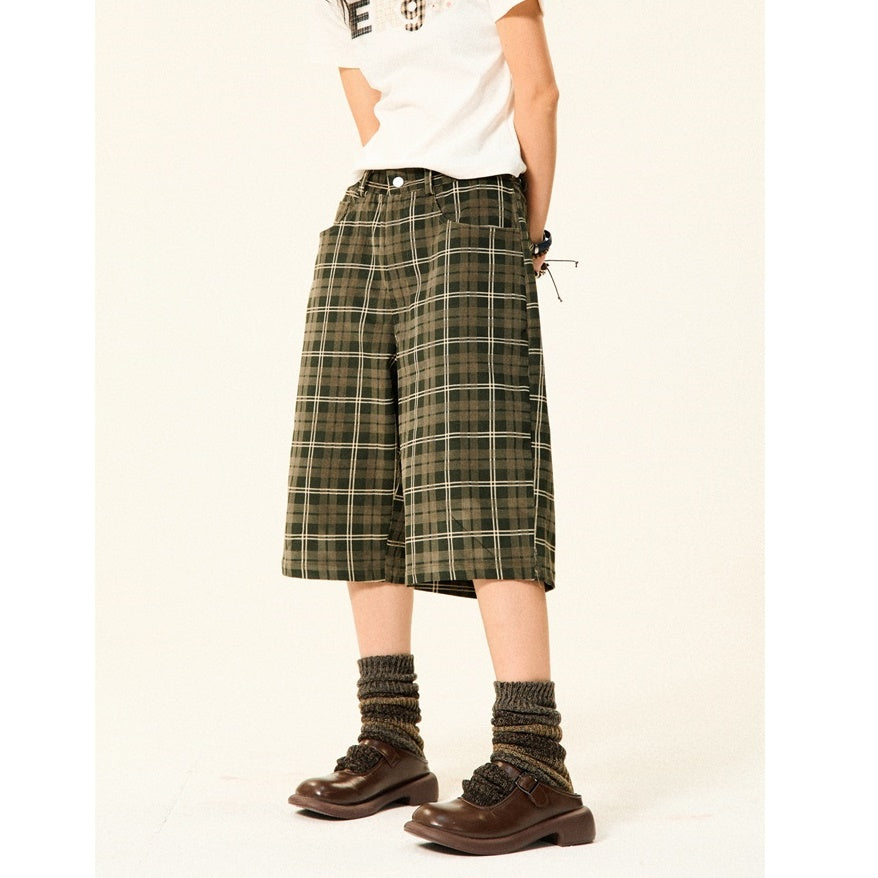 Retro Plaid Straight Leg Loose Cropped Pants YS7011