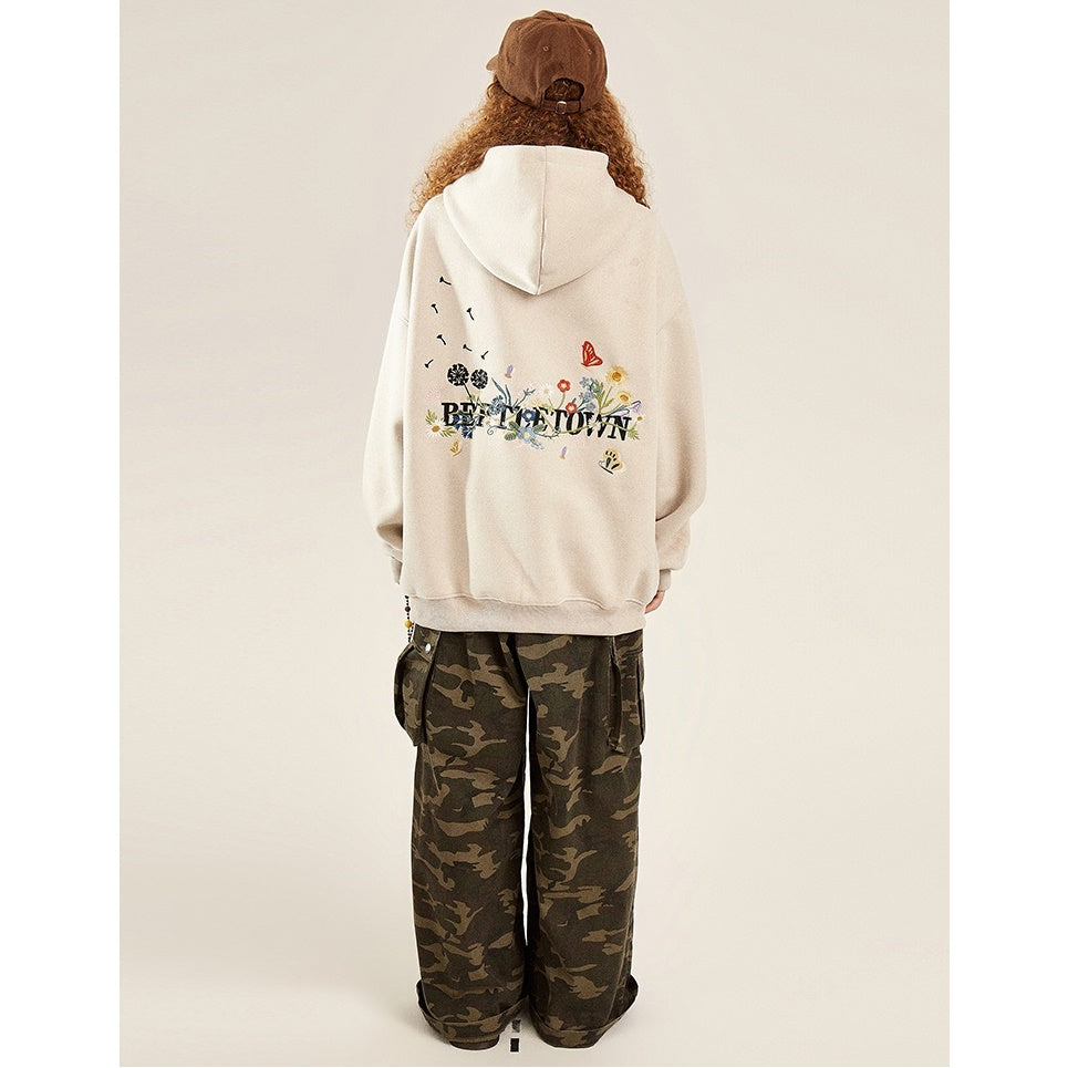 Back Floral Embroidered Zip Hooded Parka BT7032