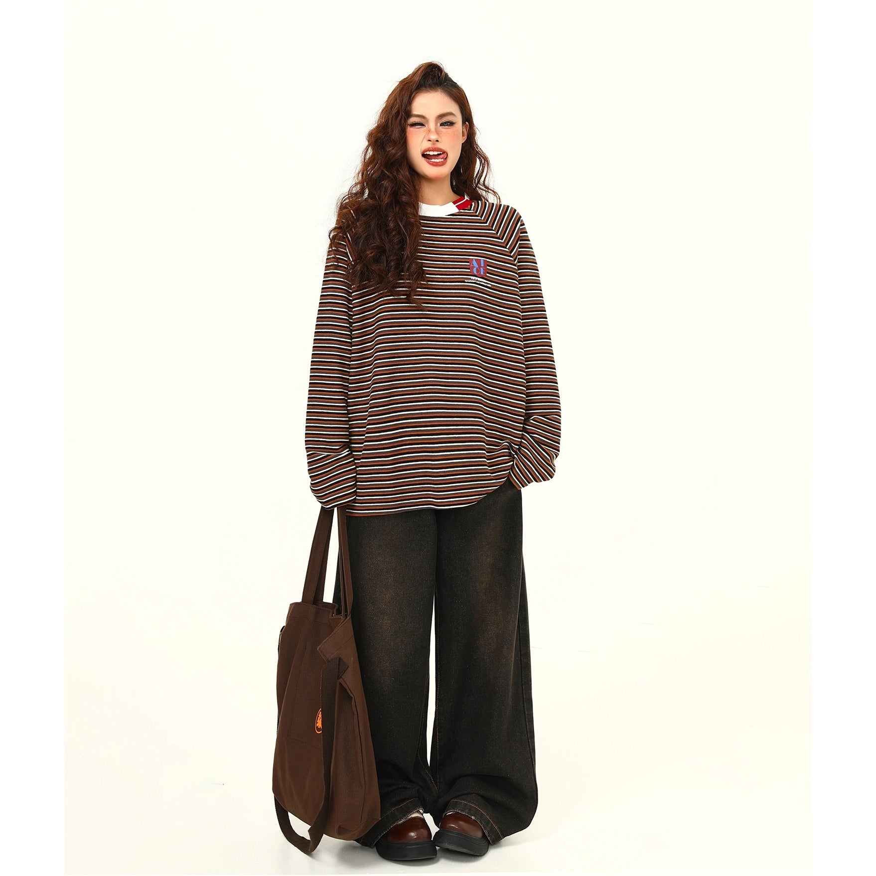 Retro Contrast Border Long Sleeve T-shirt MW9382