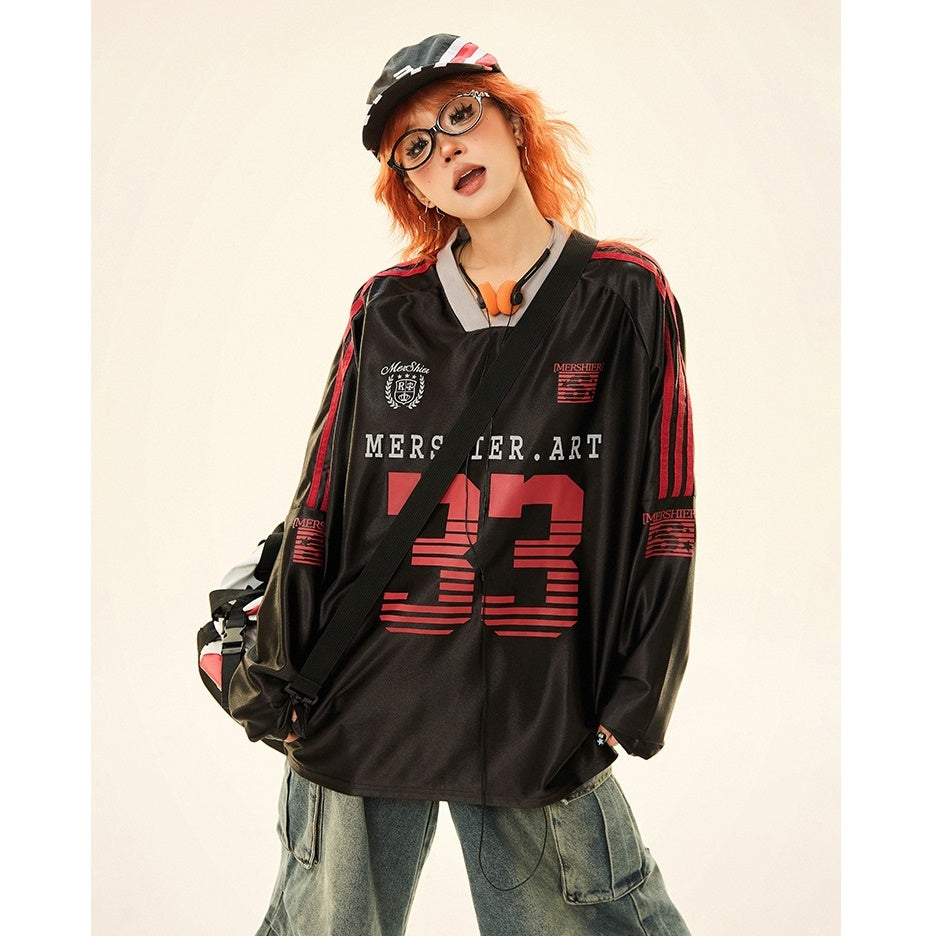 V-neck Sports Style Jersey Long-sleeved T-shirt MW9285