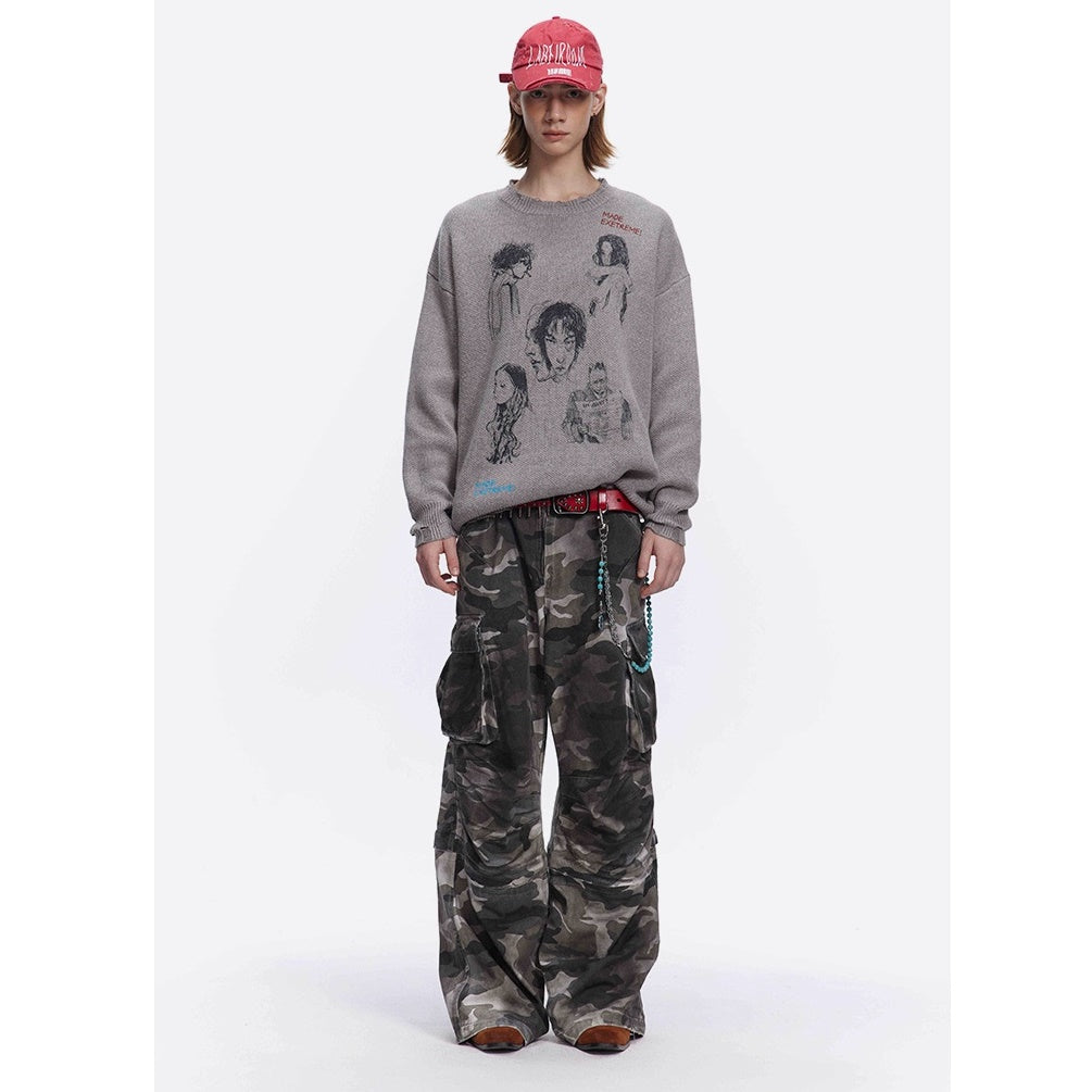 Sketch Print Art Design Loose Damage Sweater MW9617