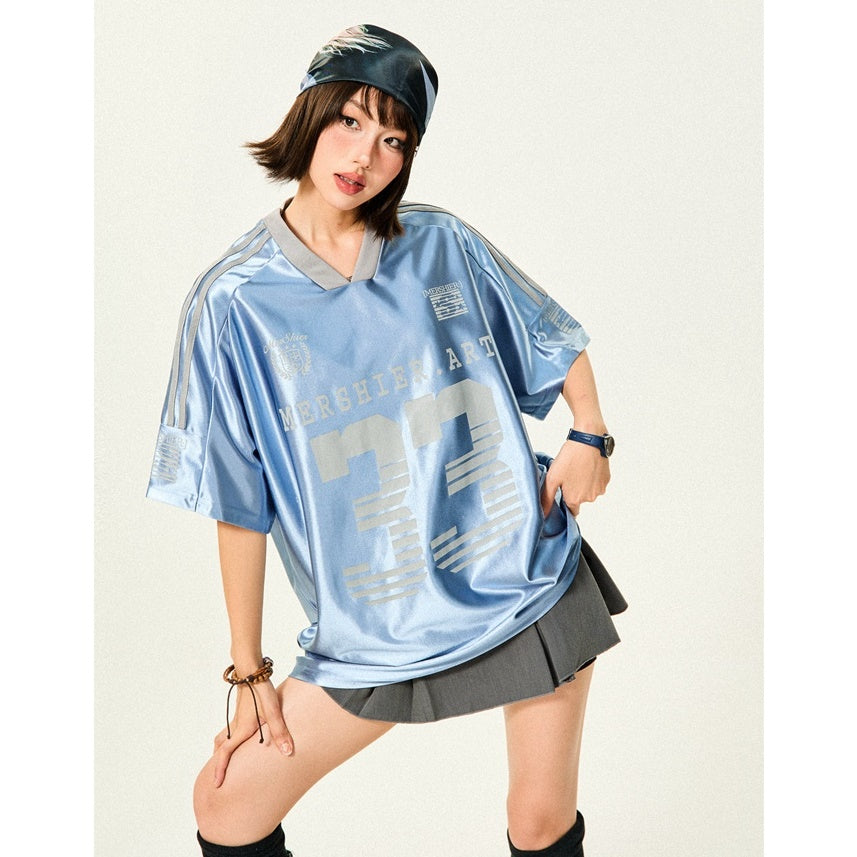 Loose V-Neck Sports Style Shiny T-Shirt YS7003