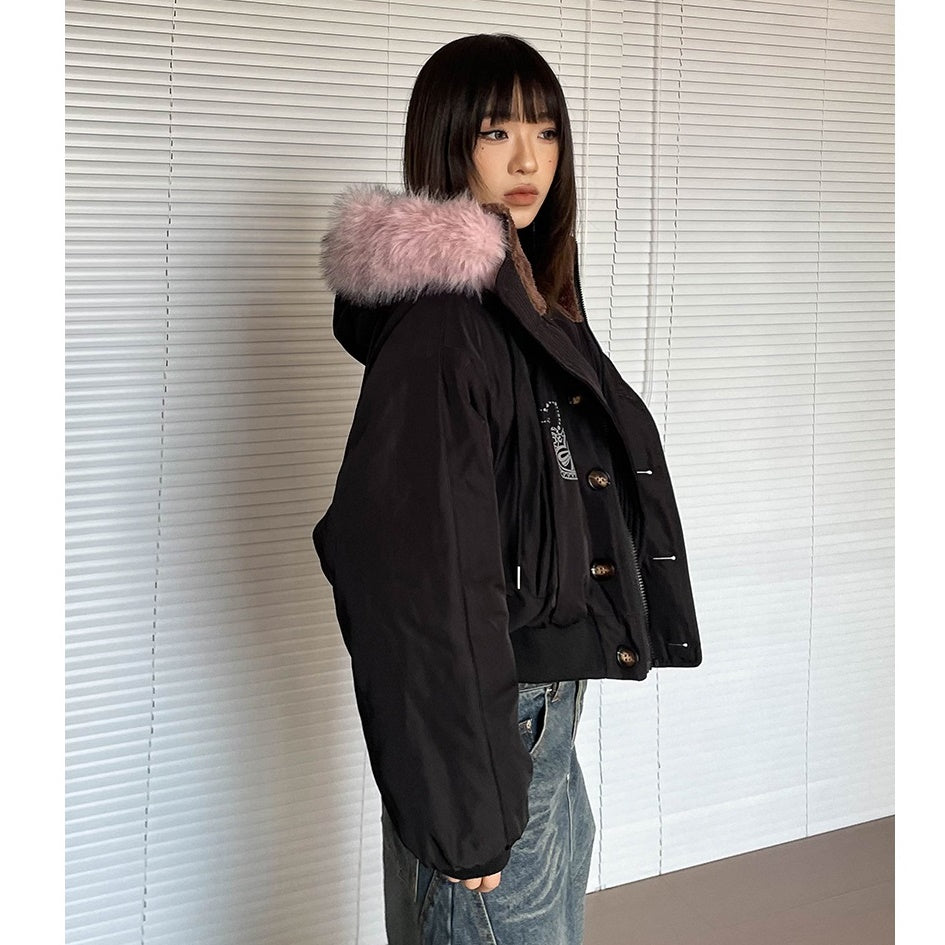 Hooded Volume Fur Collar Cropped Padded Jacket MW9770