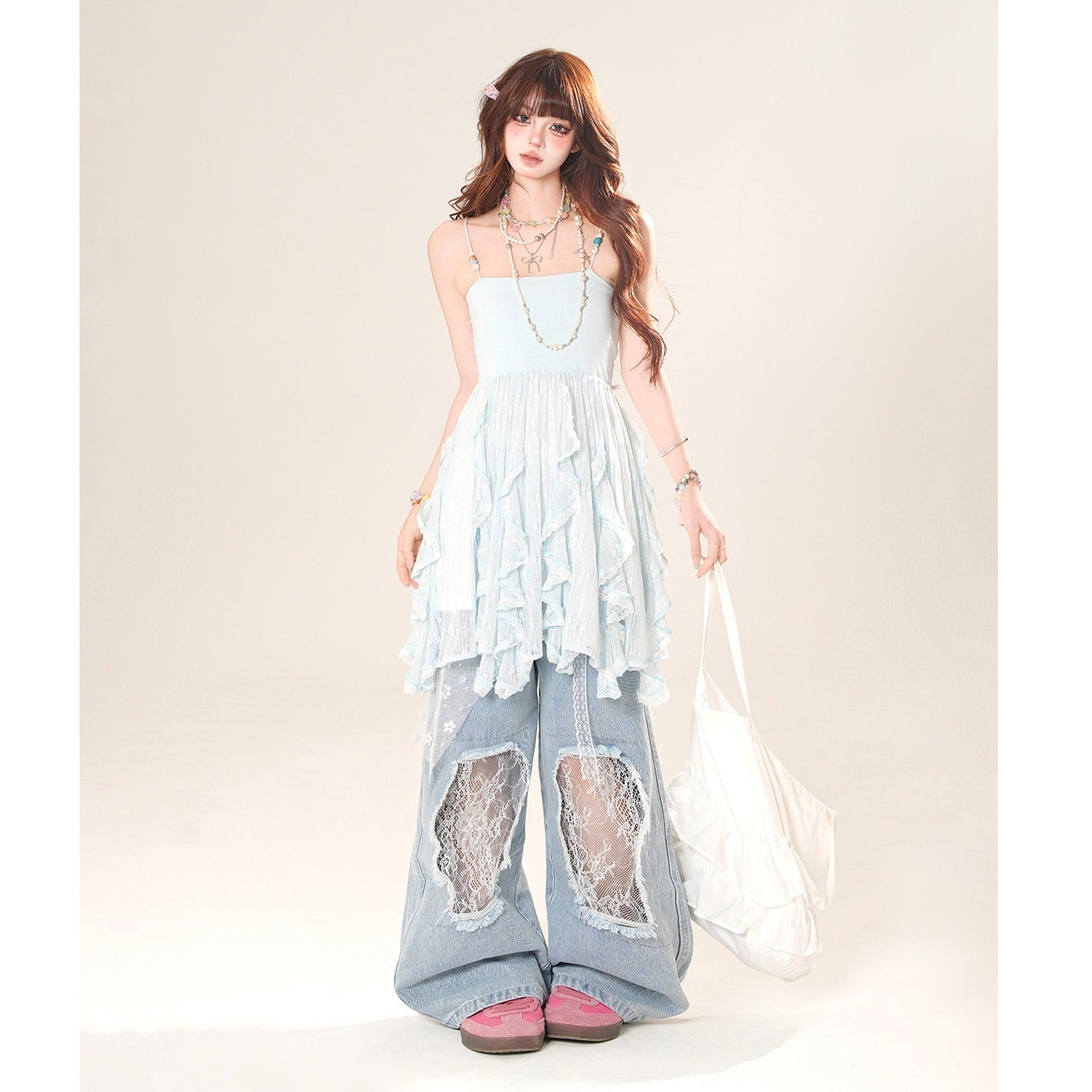 Lace Ripped Wide Leg Jeans KK2030