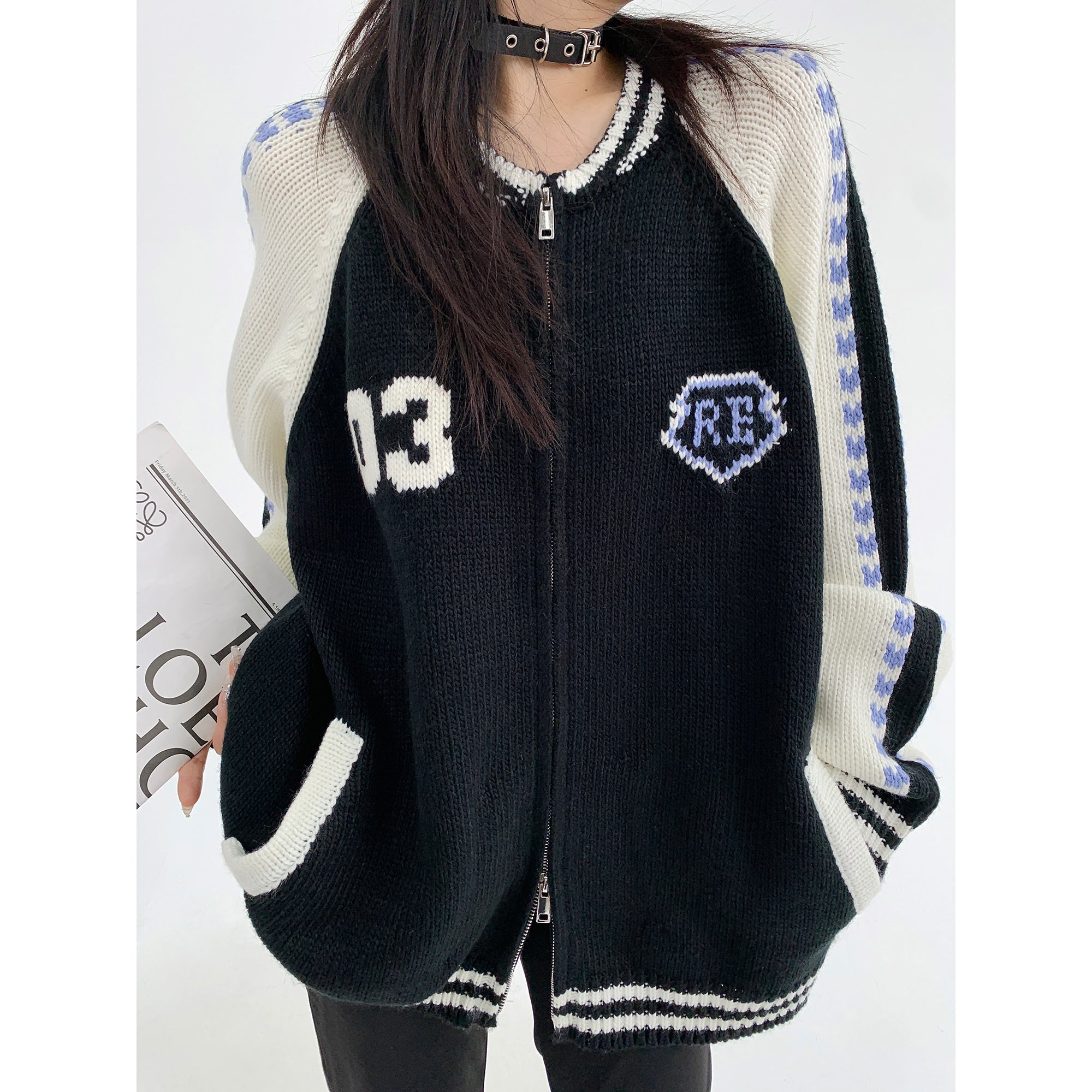 Thick Needle Contrast Knitted Zip Jacket MW9568