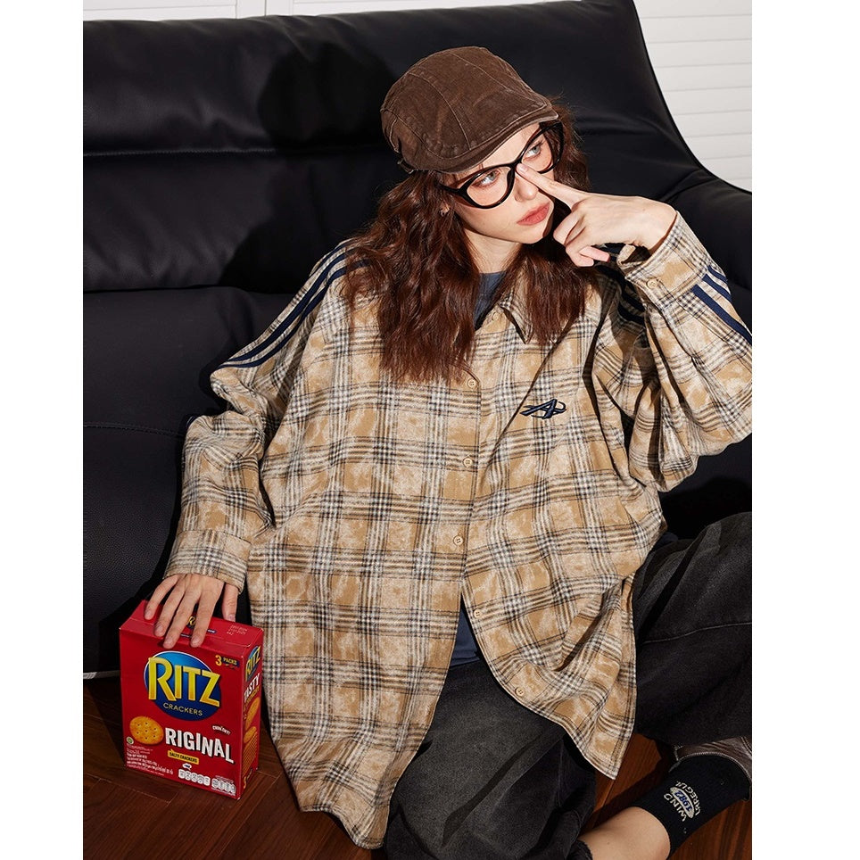 Contrast Stripe Panel Plaid Long-sleeved Shirt BT7019