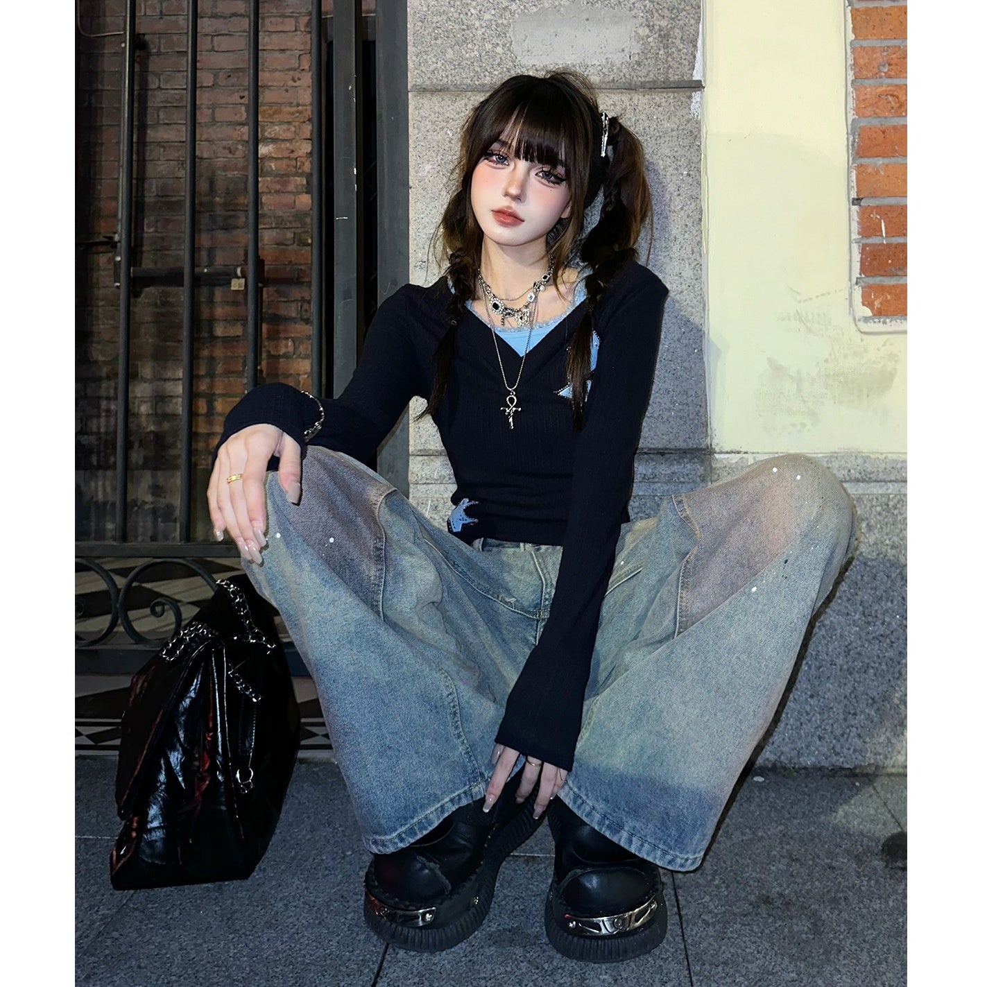 Fake Two Knitted Off-shoulder Cutsew KK2051