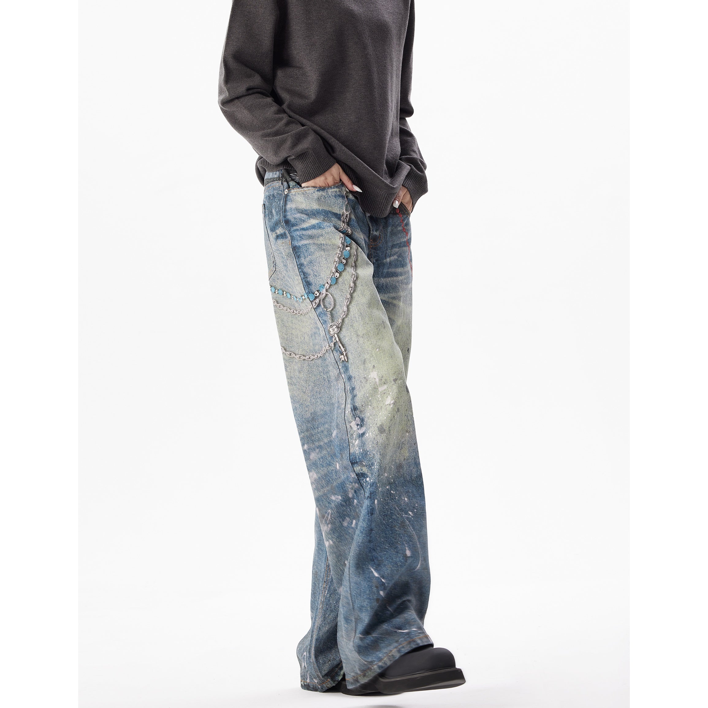 Distressed 3D Digital Chain Print Jeans HG7173