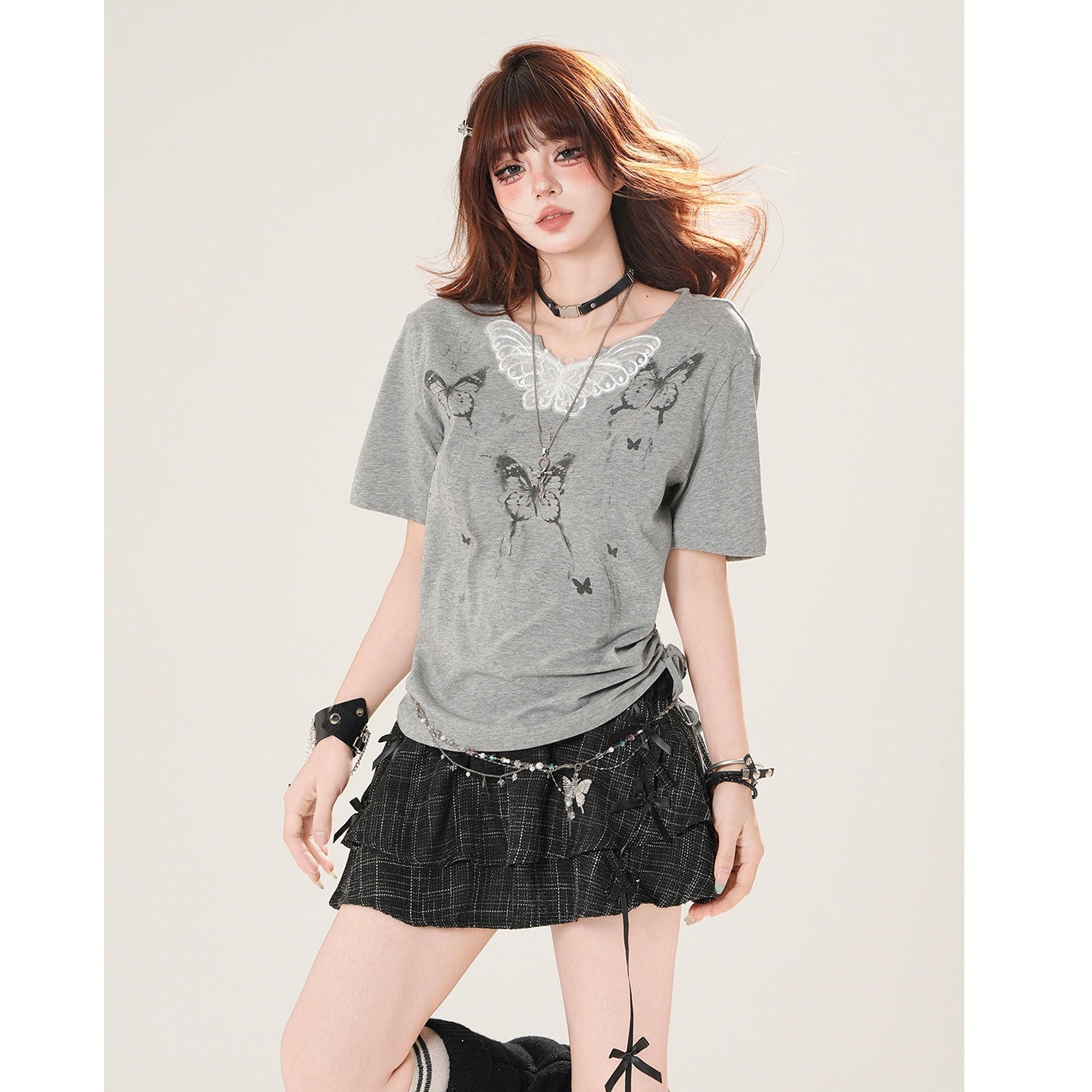 Butterfly Lace Side Gather T-shirt KK2047