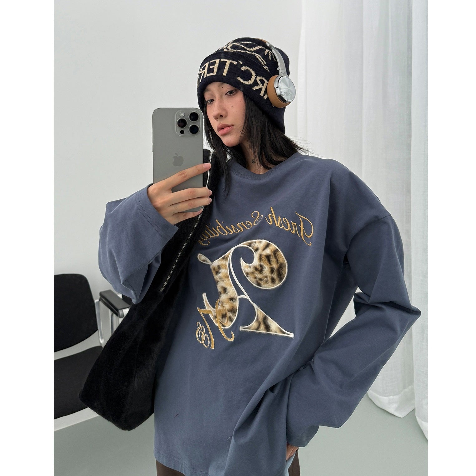 Leopard Flocking Print Long Sleeve T-Shirt AC7076