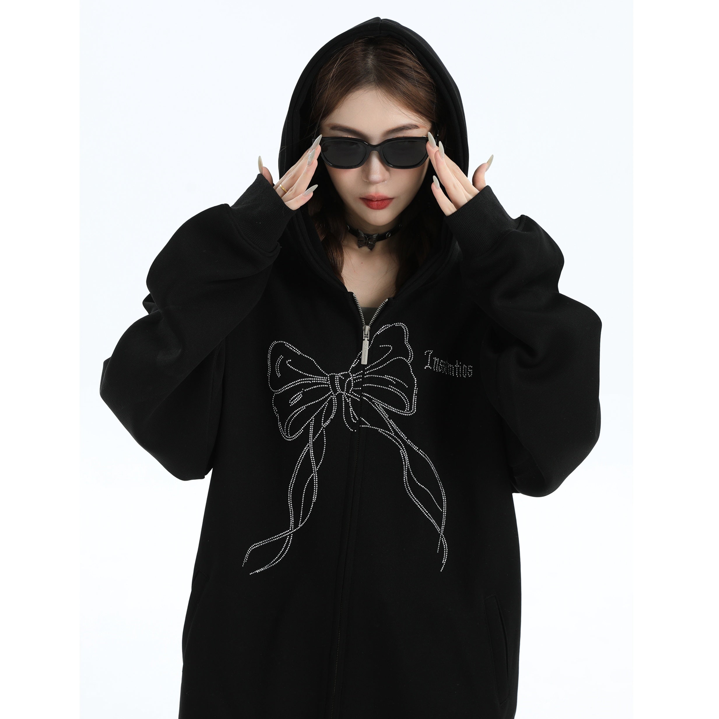 Rhinestone Bow Logo Loose Hooded Zip Parka IN7012