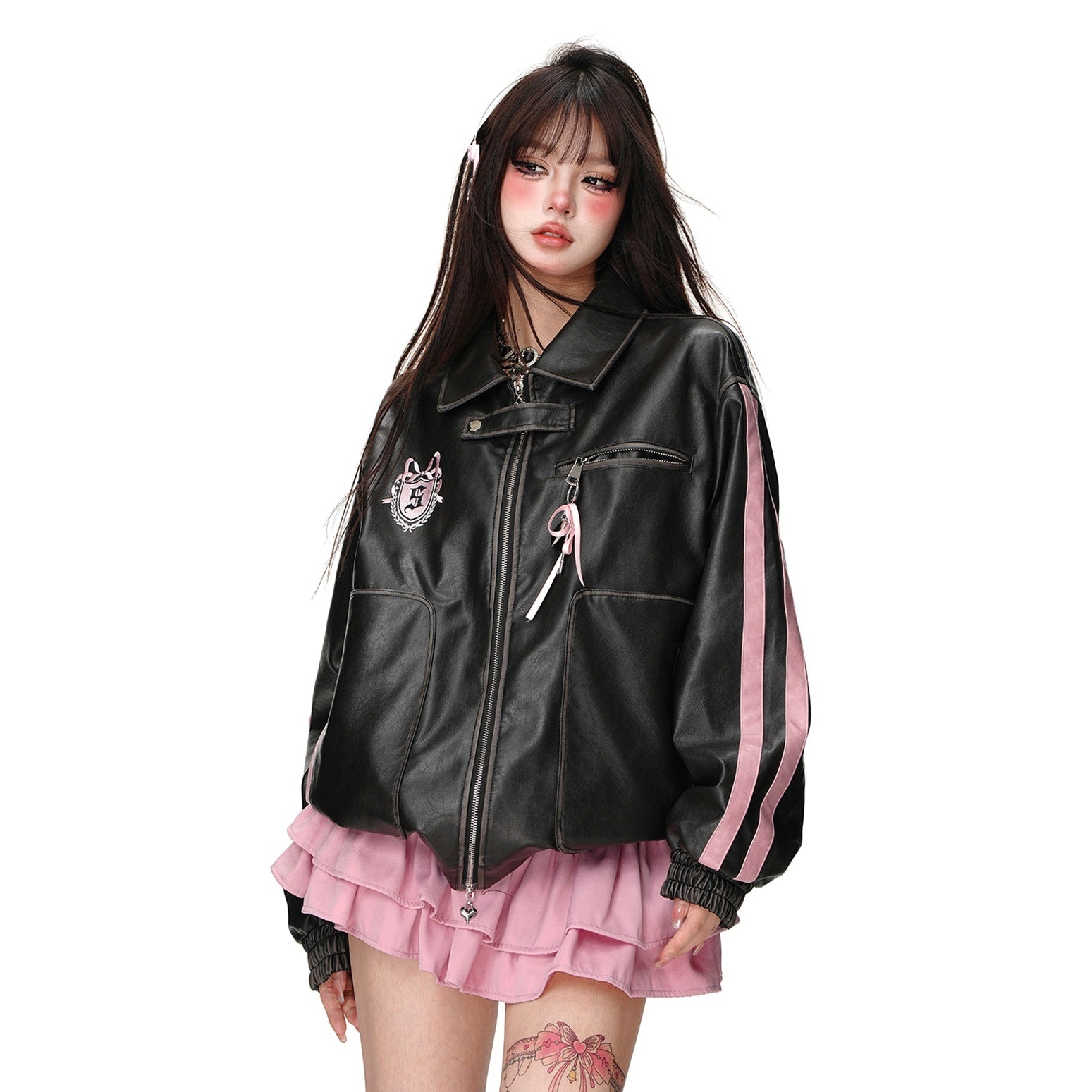 Line Sleeve Biker PU Leather Jacket KK2001