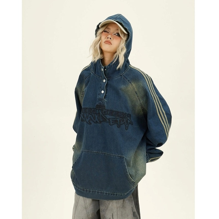 Letter Embroidery Denim Hooded Pullover MW9943