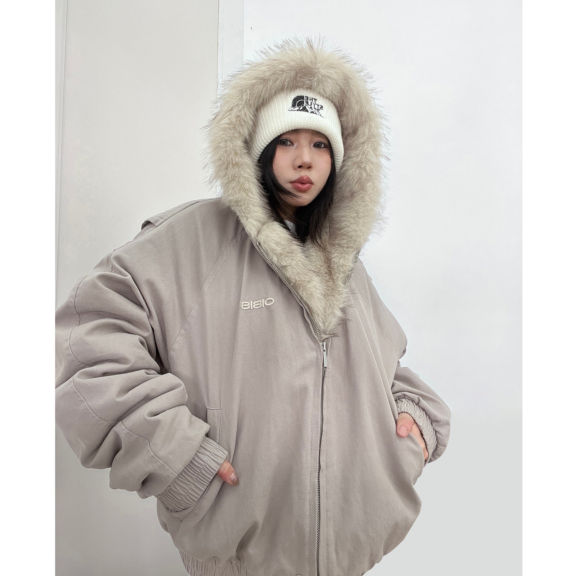 Fur Collar Hooded Zipper Quilting Jacket MW9638