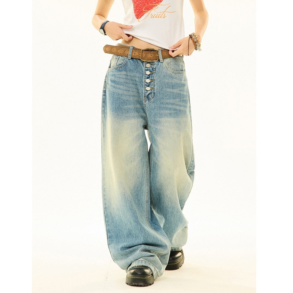 Retro Wash Button-fly Loose Straight Jeans MW9211