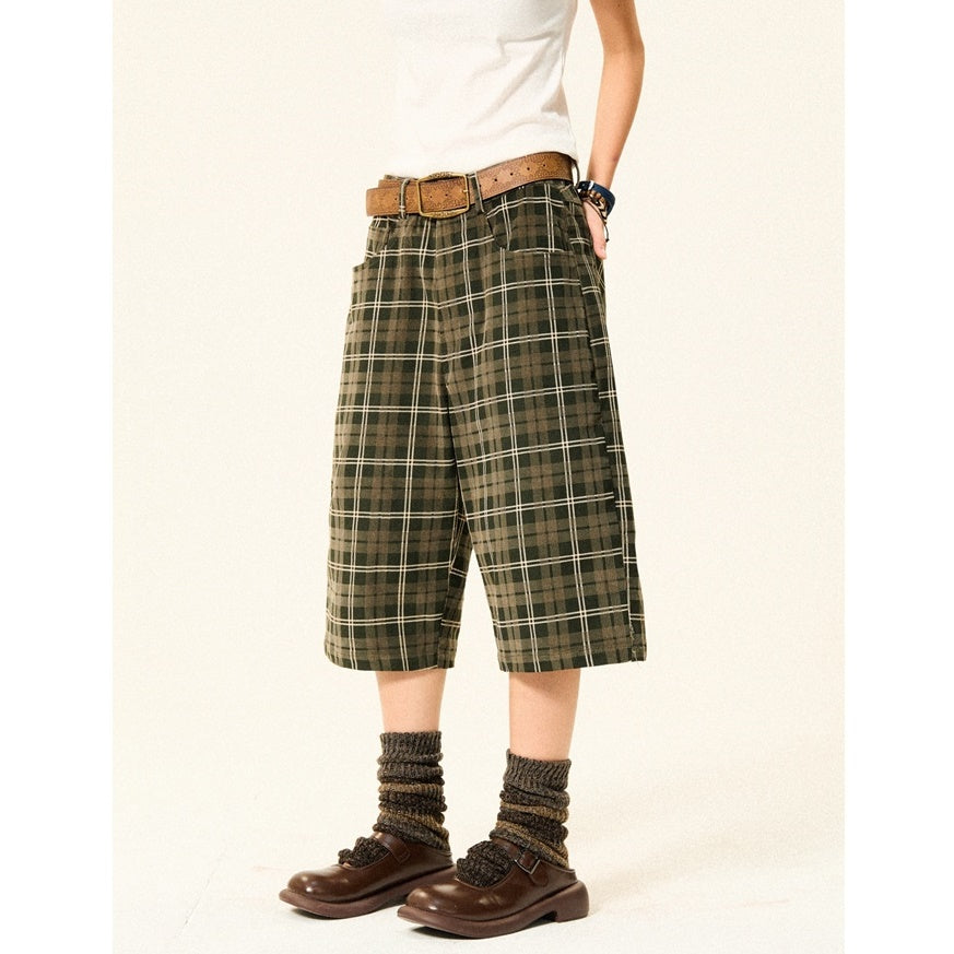 Retro Plaid Straight Leg Loose Cropped Pants YS7011