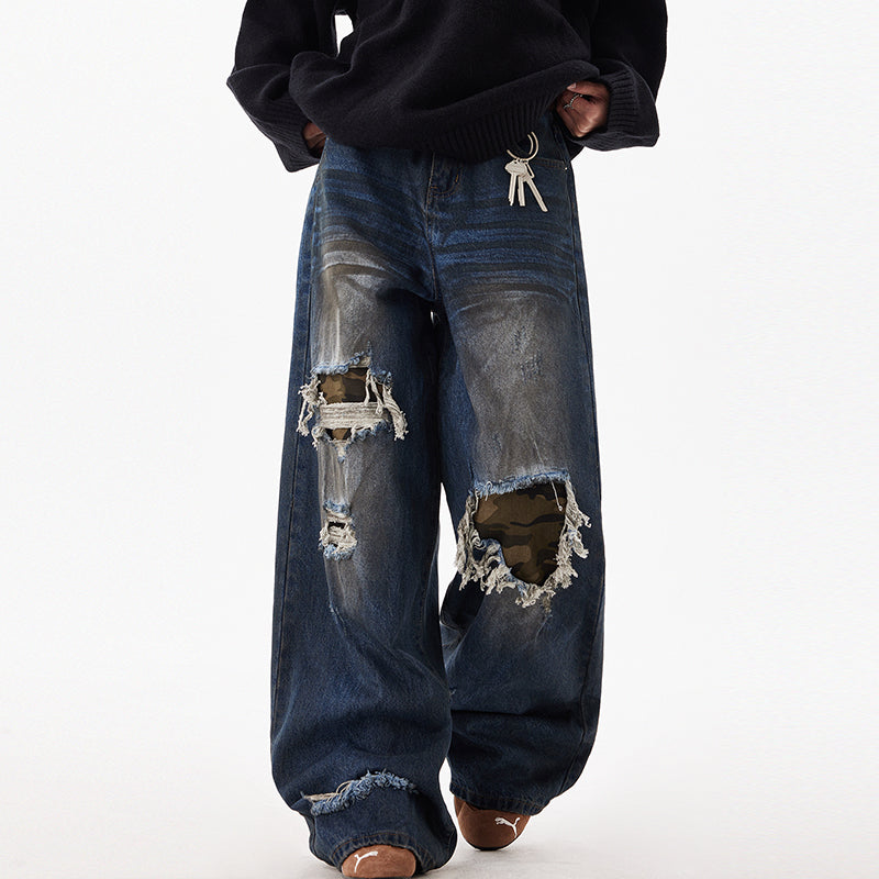 Patch Camouflage Loose Ripped Jeans MW9718