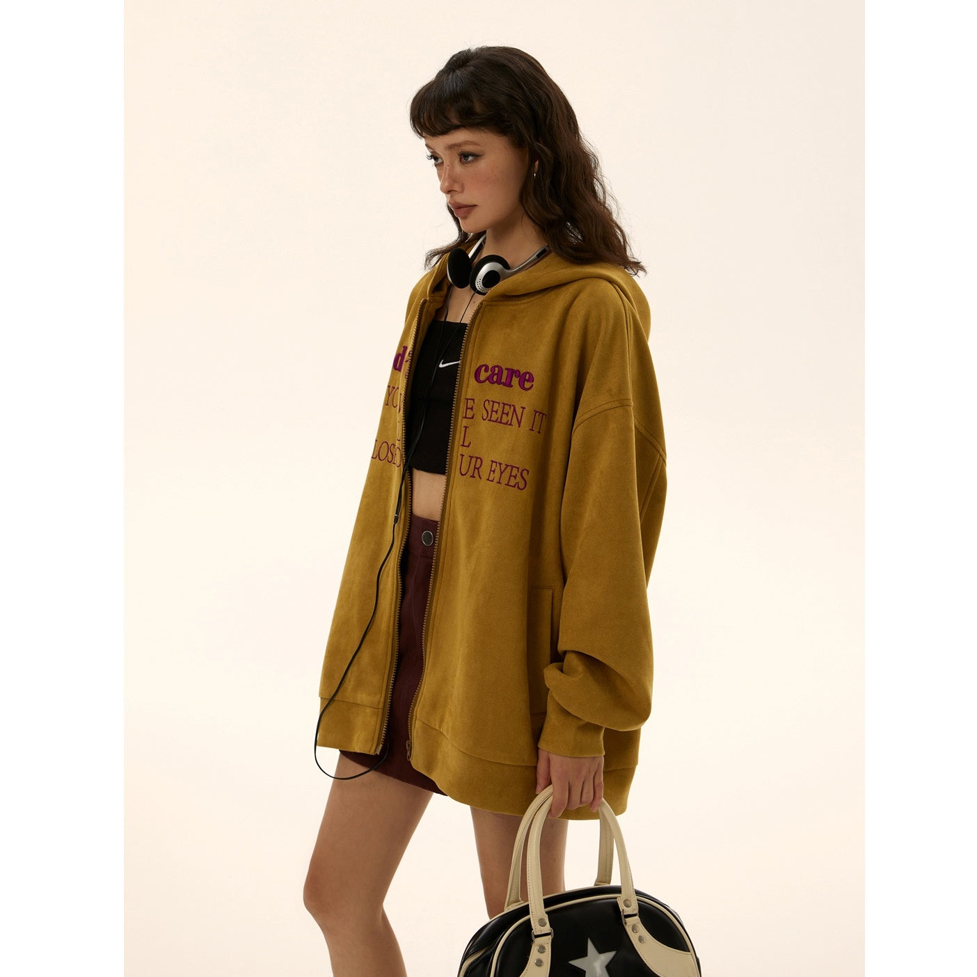 Oversize Fake Suede Letter Embroidery Parka EZ139