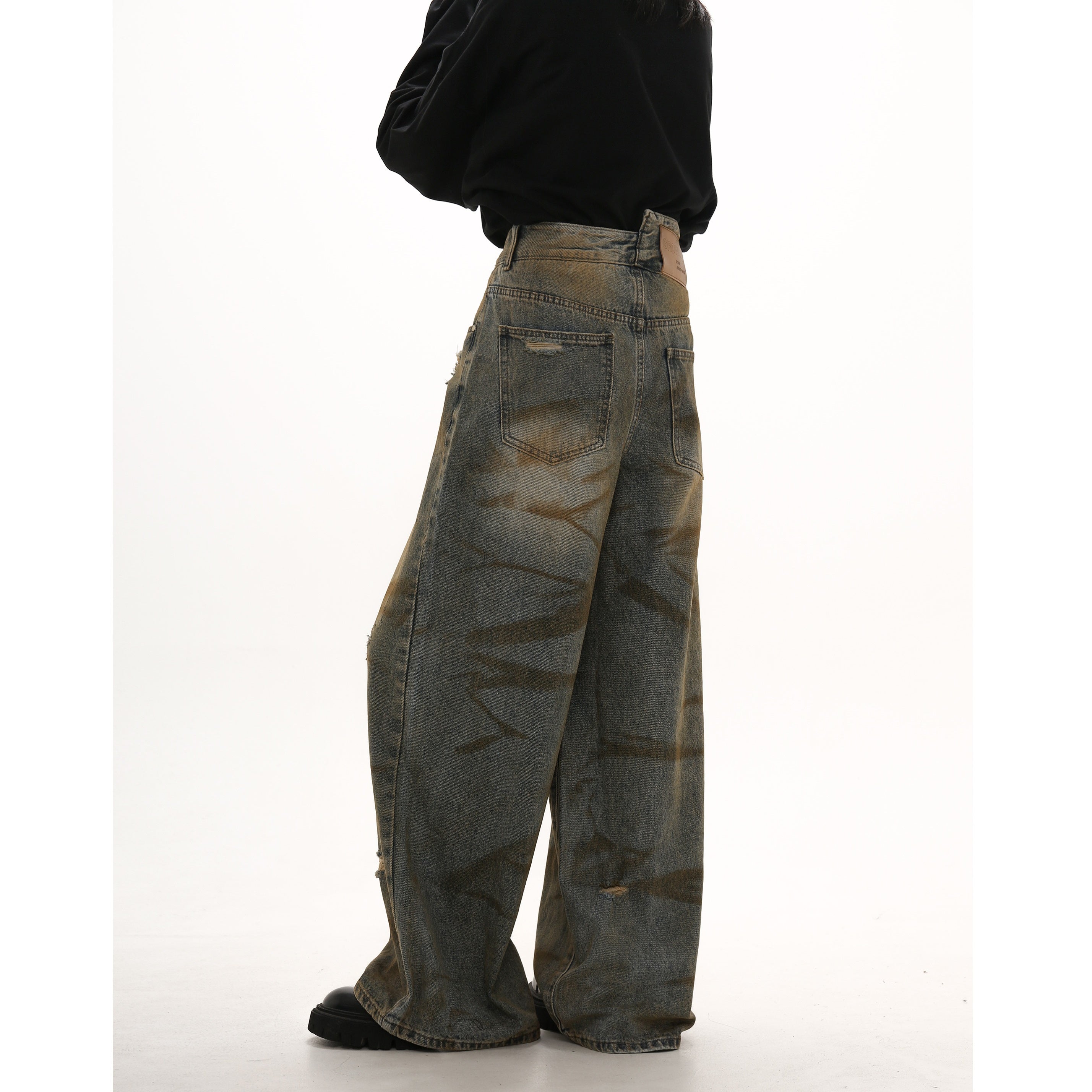 Wasteland Style Yellow Clay Dirty Distressed Wide-leg Jeans GB7011