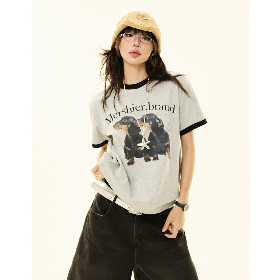 Contrast Color Puppy Print Casual T-Shirt MW9226