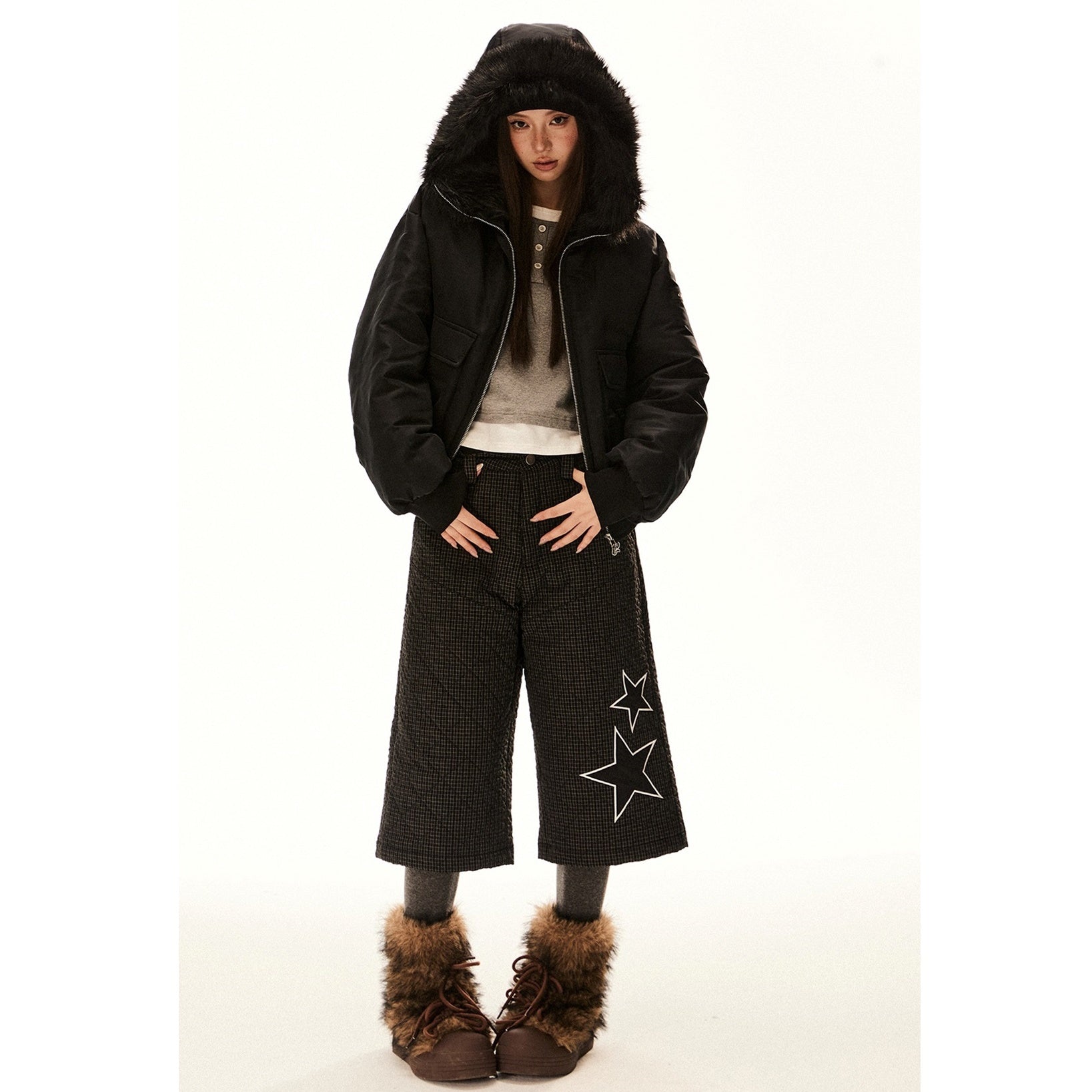 Fur Collar Hooded Cropped Down Jacket EZ206