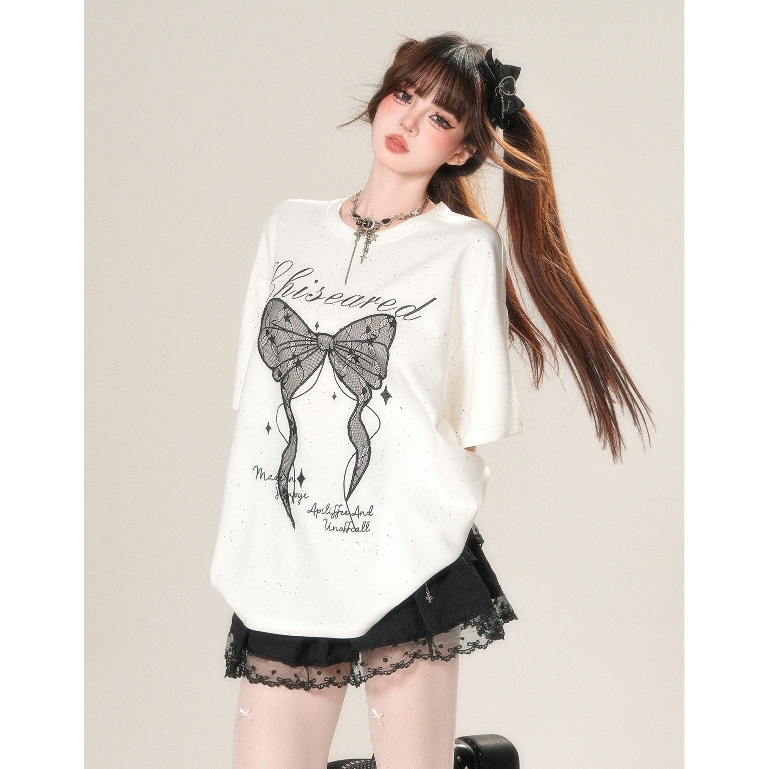 Lace Embroidery Big Ribbon T-Shirt KK2040