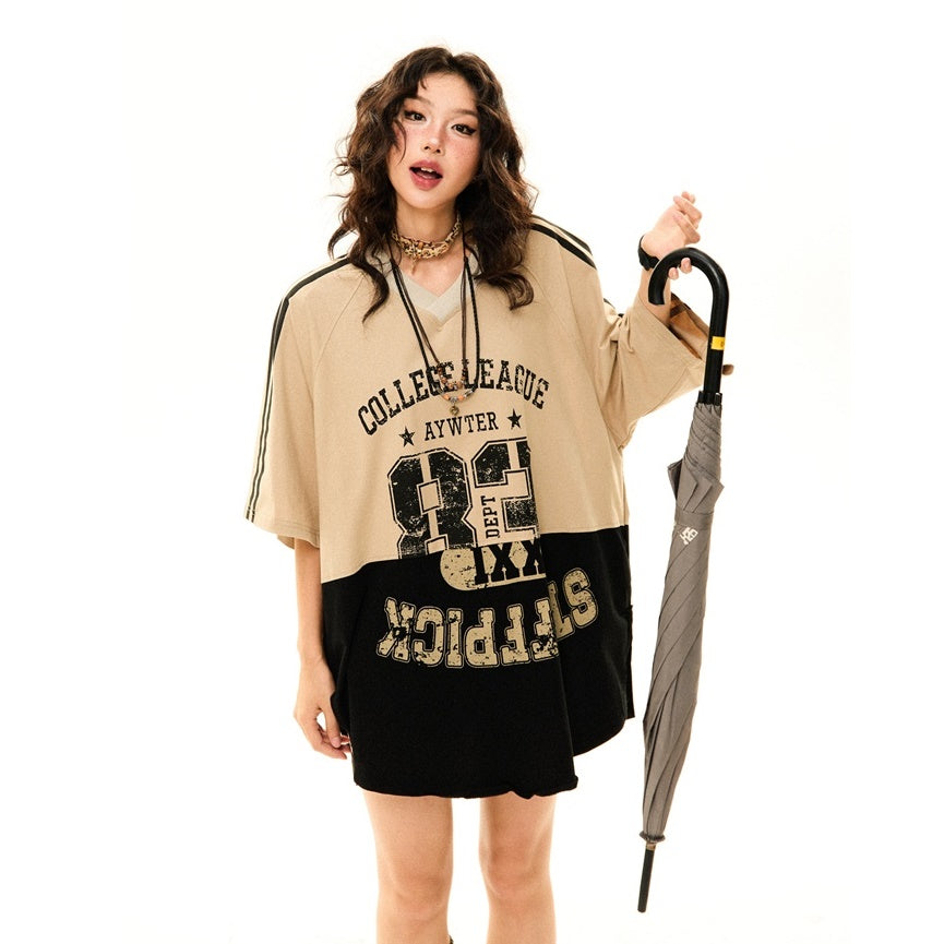 V-Neck Bicolor College Design OverSize T-shirt YS7004