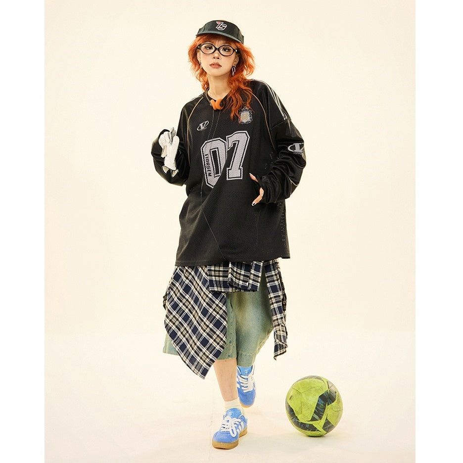 Letter Print Mesh Switching Long Sleeve T-shirt MW9345