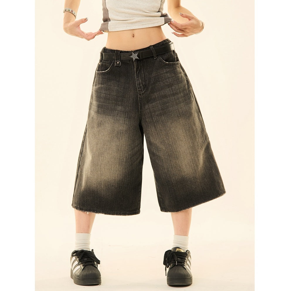 Vintage Wash Distressed Denim Wide-leg Cropped Pants MW9267