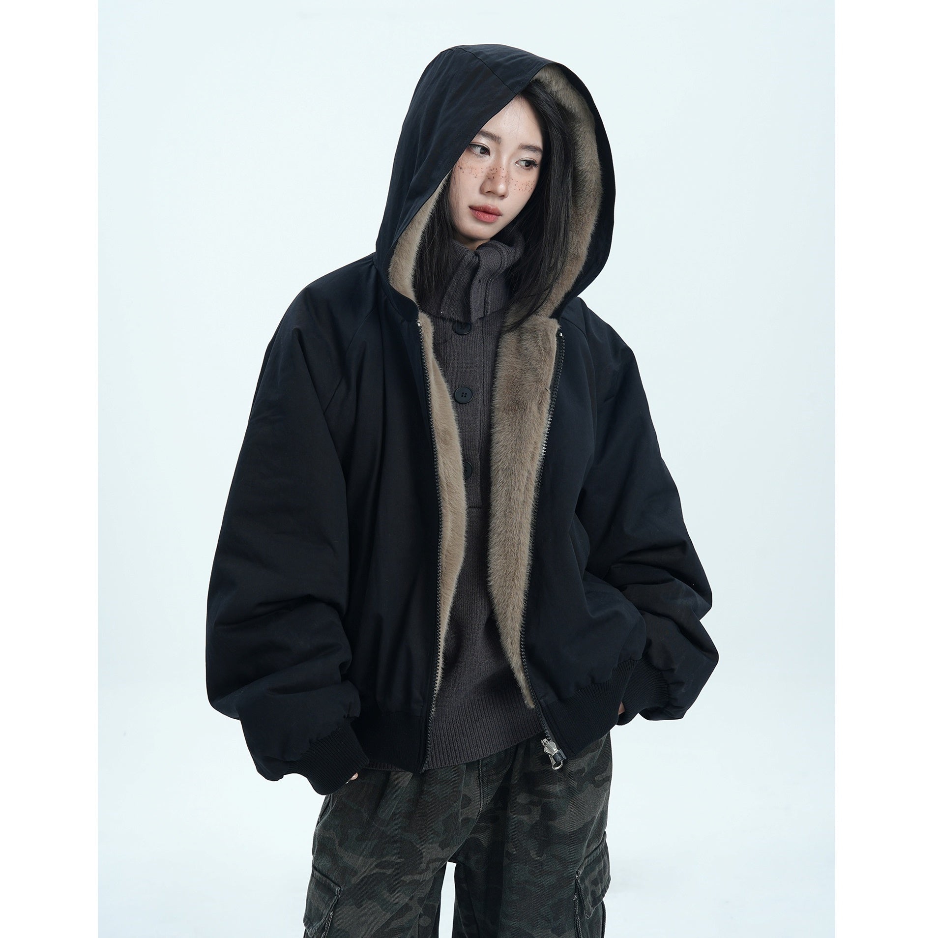 Fur Liner Washed Zip Hooded Jacket MW9671