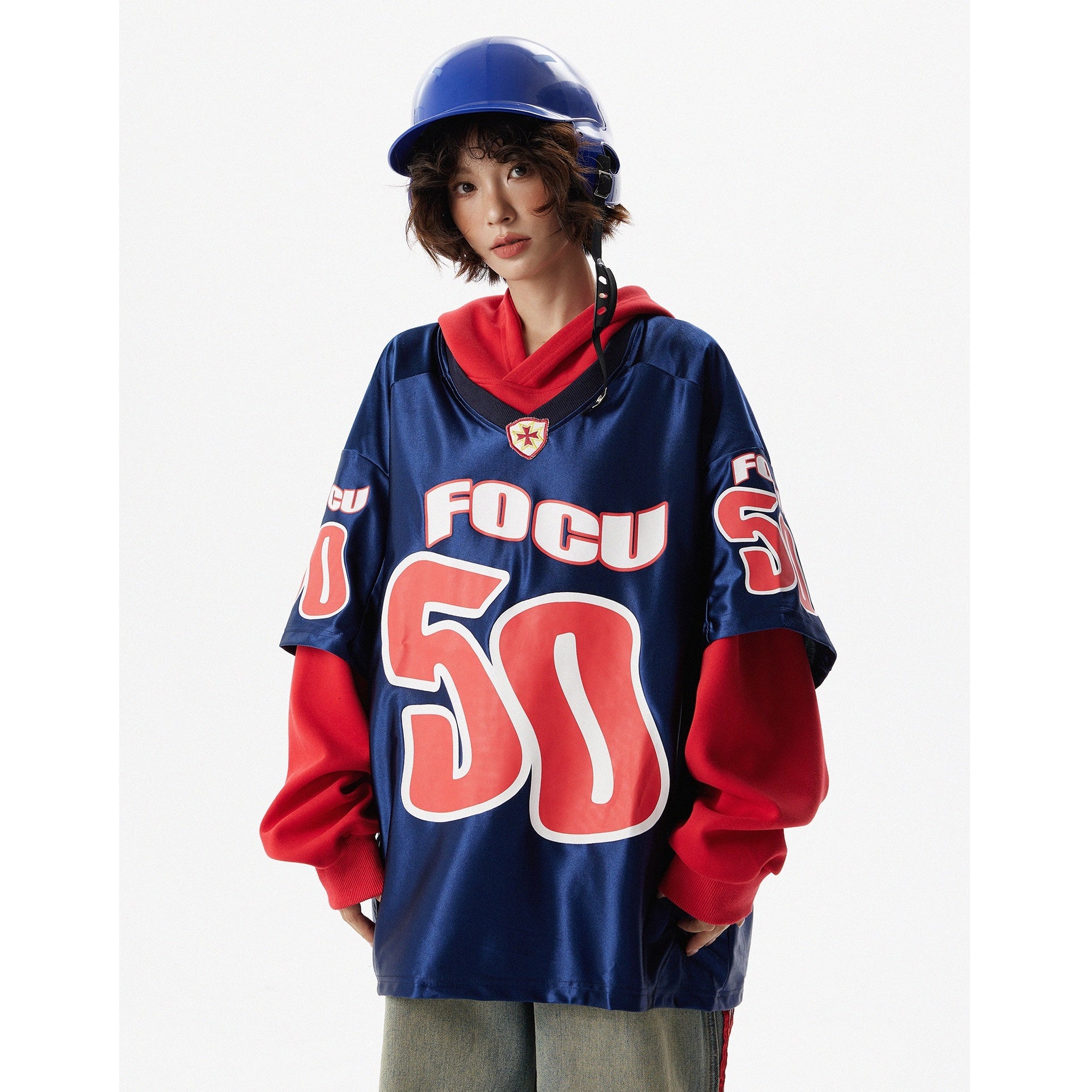 Fake Layered Sports Style Hoodie MW9626