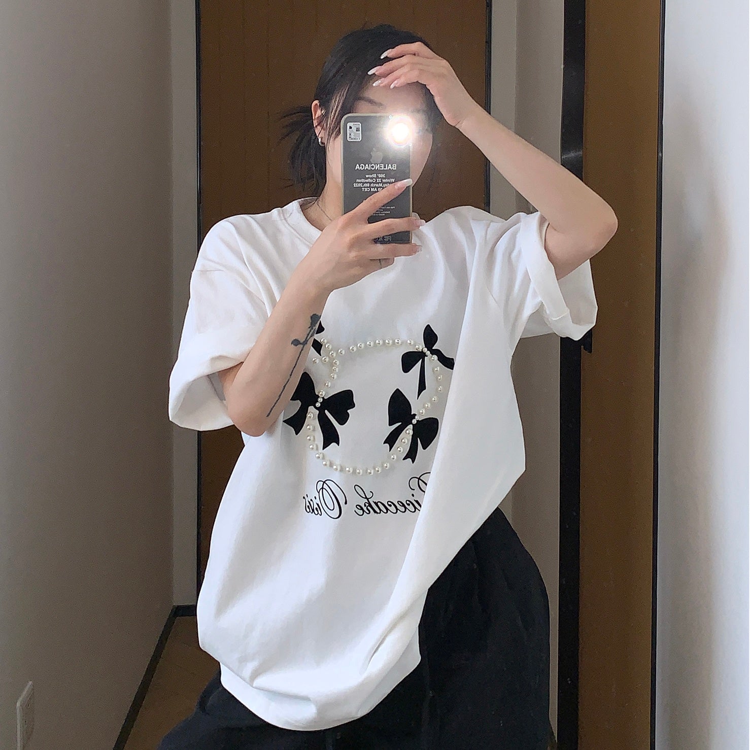 Flocking Bow Beads T-shirt MW10076