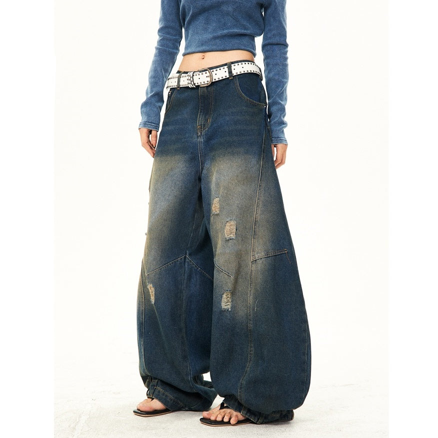 Retro Washed Ripped Stitch Design Loose Jeans YS7007