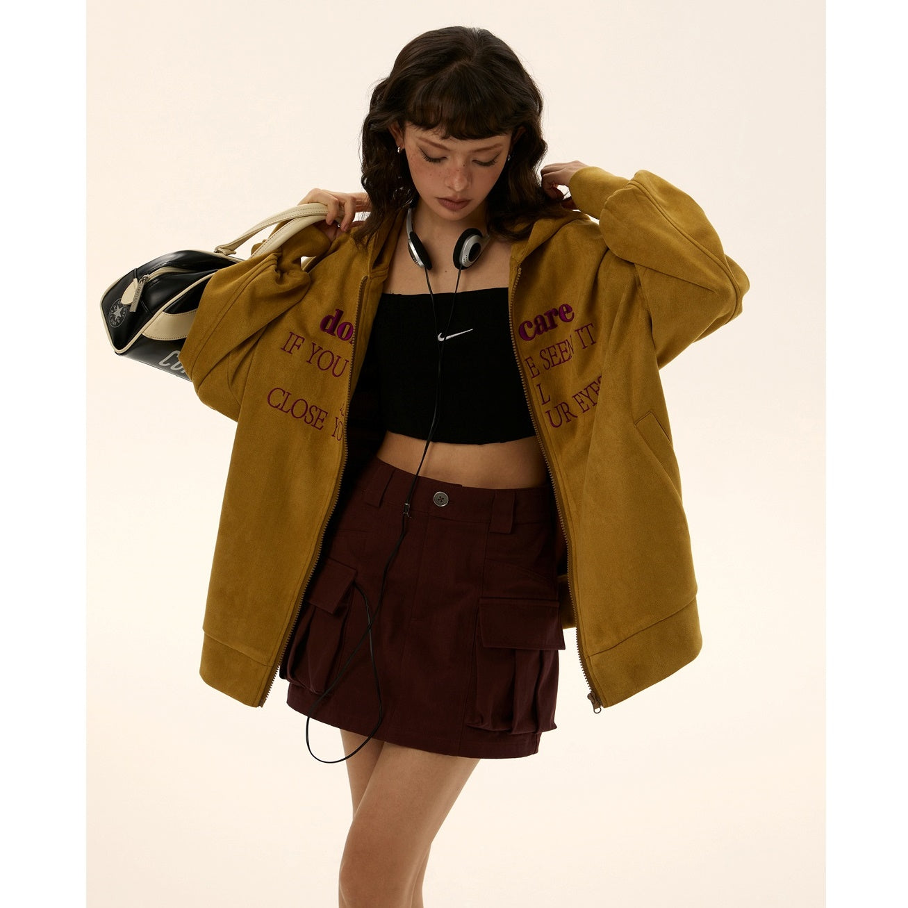 Oversize Fake Suede Letter Embroidery Parka EZ139