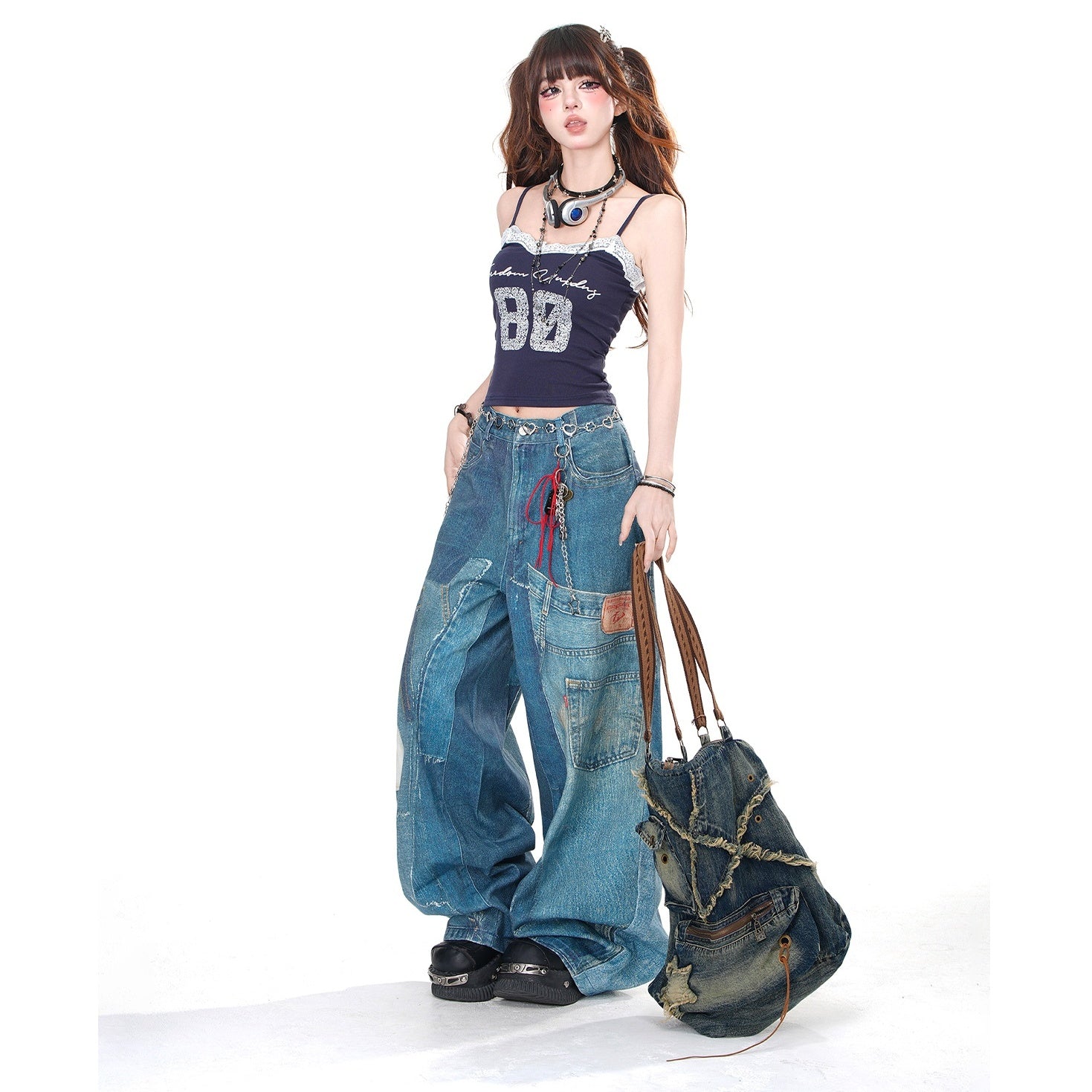 Patchwork Style Wide-leg Jeans KK2028