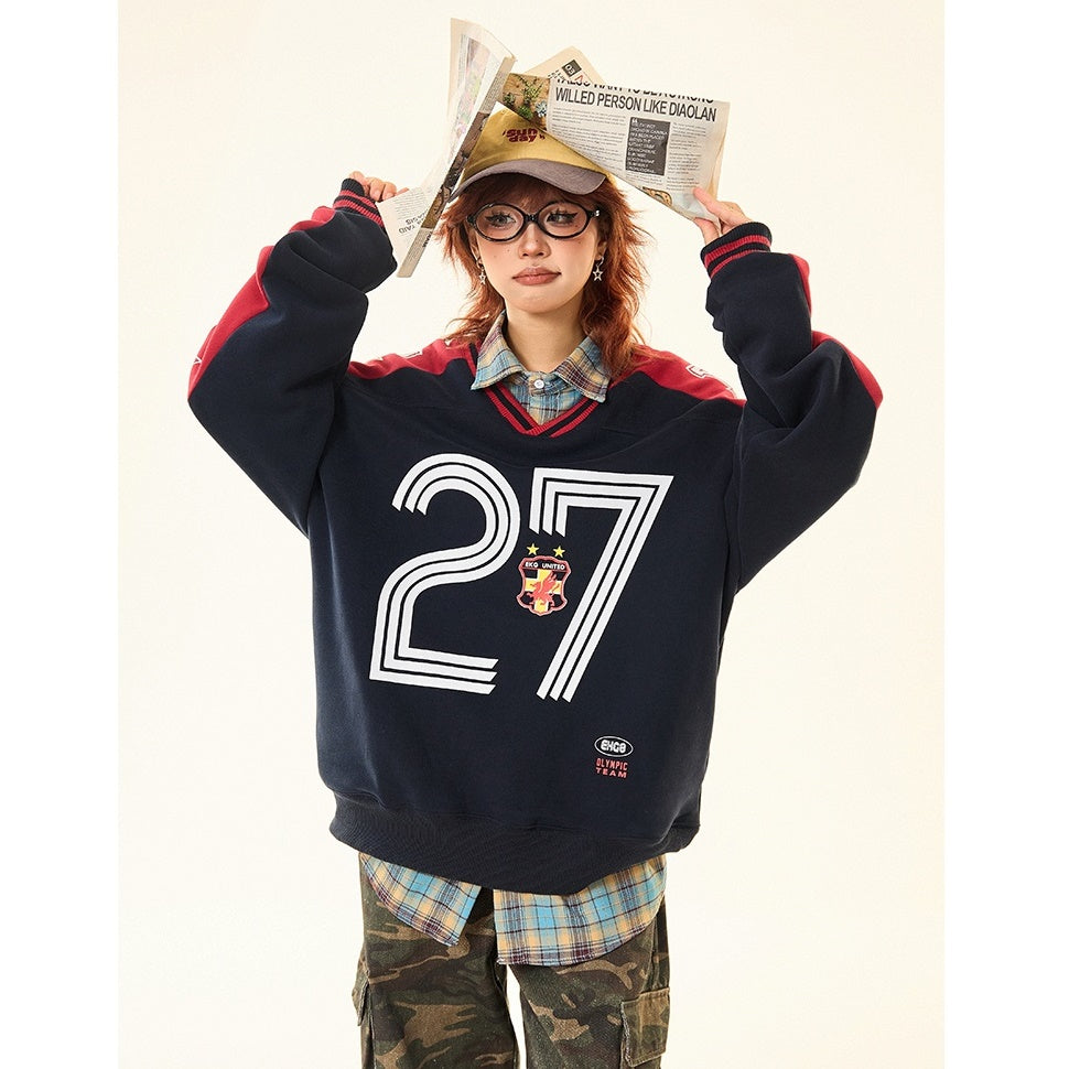 Letter Contrast V-neck Sports Sweat MW9425